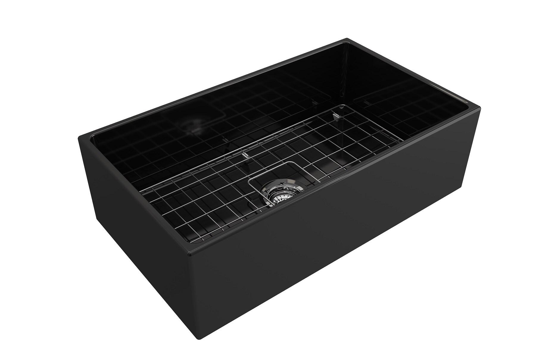 BOCCHI Contempo Farmhouse Apron Front Fireclay 33 in. Single Bowl Kitchen Sink with Protective Bottom Grid and Strainer in Matte Gray