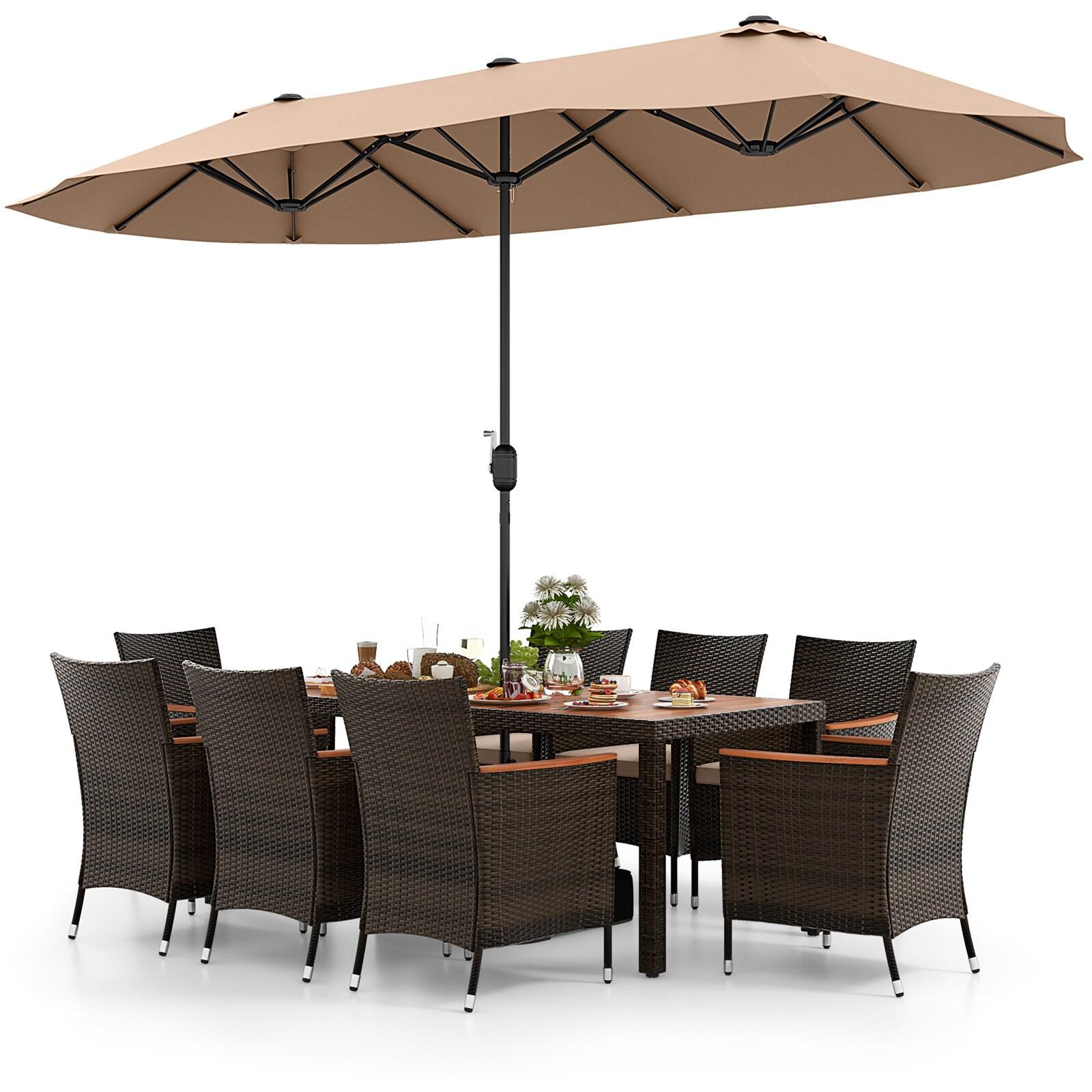 Costway 15FT Double-Sided Twin Patio Umbrella Outdoor Market W/ Crank & Base Coffee