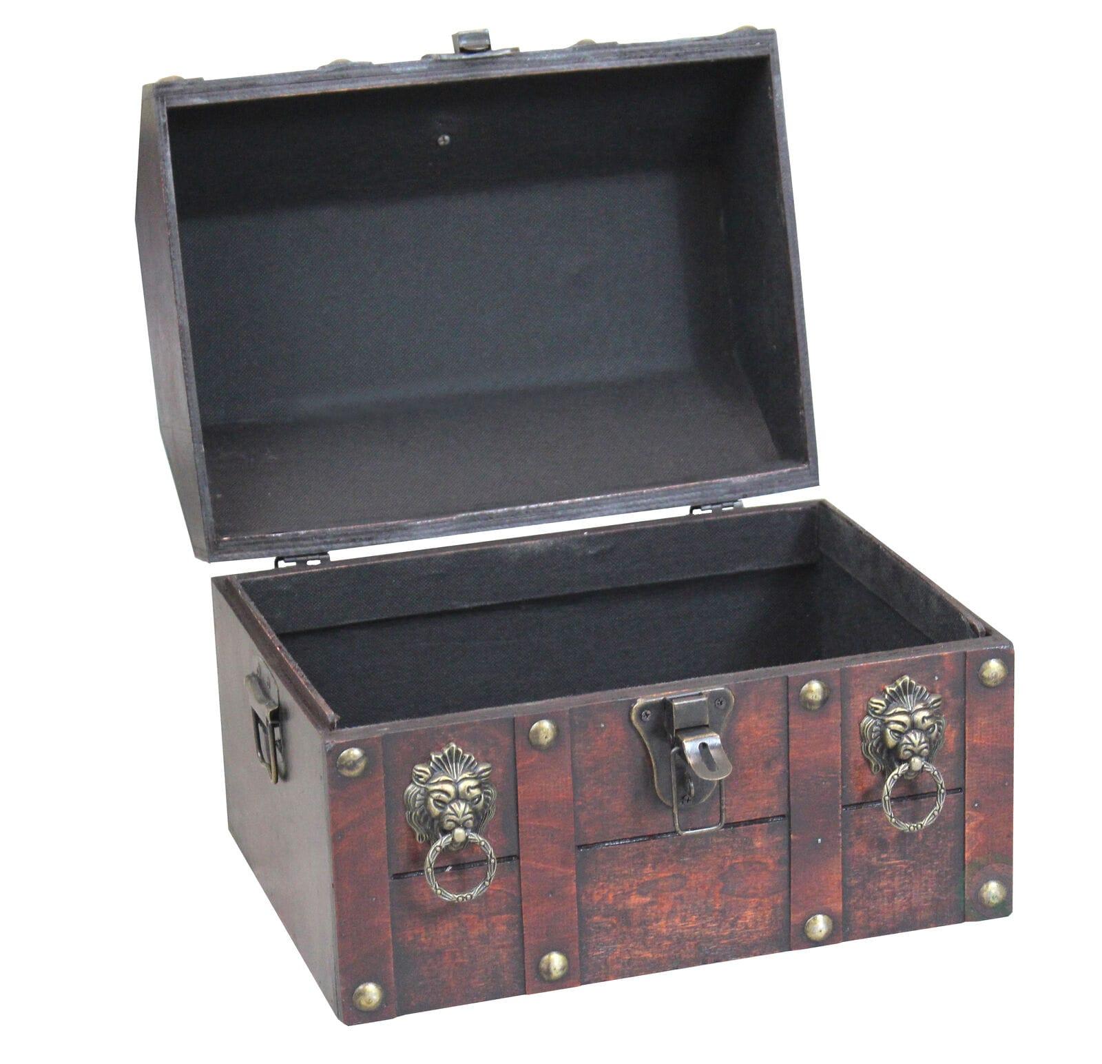 Quickway Imports Antique Wooden Pirate Treasure Chest with Lion Rings and Lockable Latch