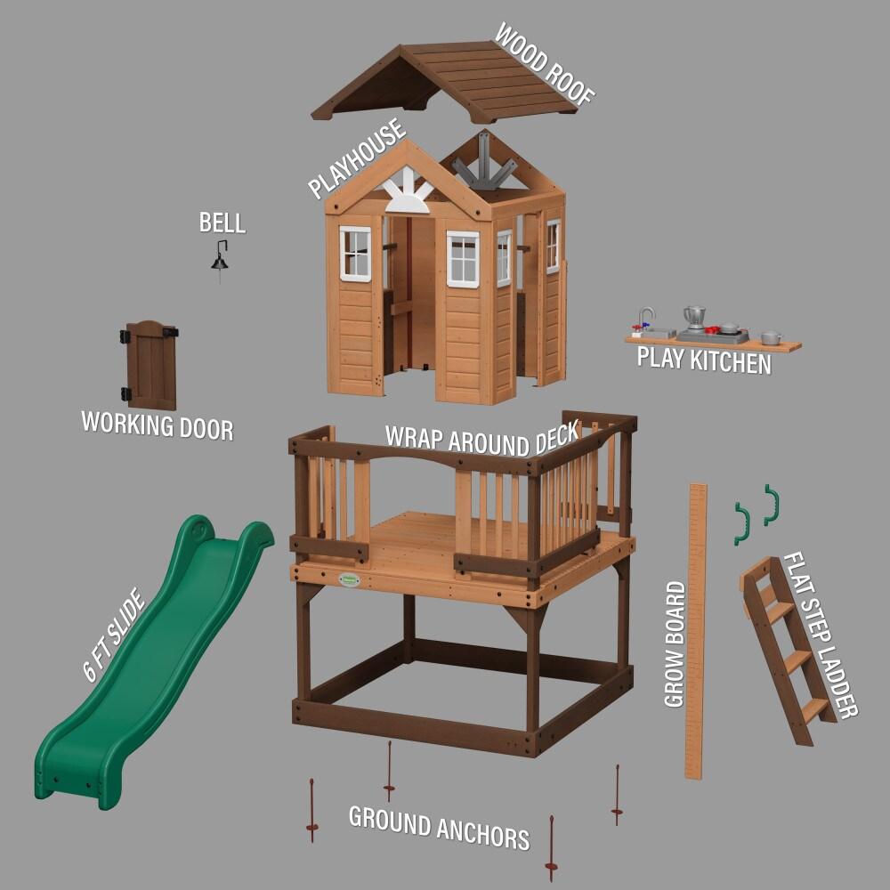 Backyard Discovery Echo Heights Cedar Wooden Elevated Playhouse, Slide, Play Kitchen