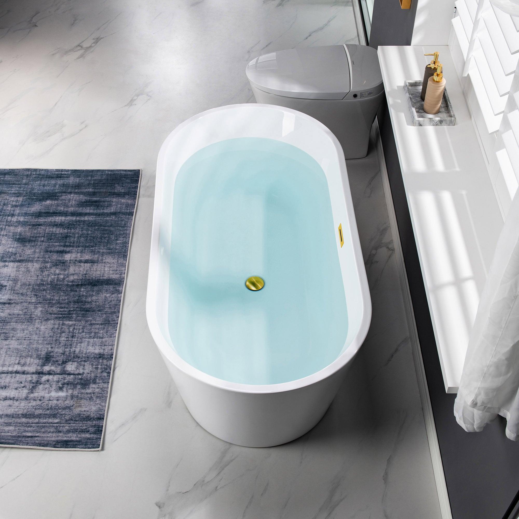 WOODBRIDGE 54" Acrylic Freestanding Bathtub Contemporary Soaking White Tub with Brushed Gold Overflow and Drain,B1702-BG