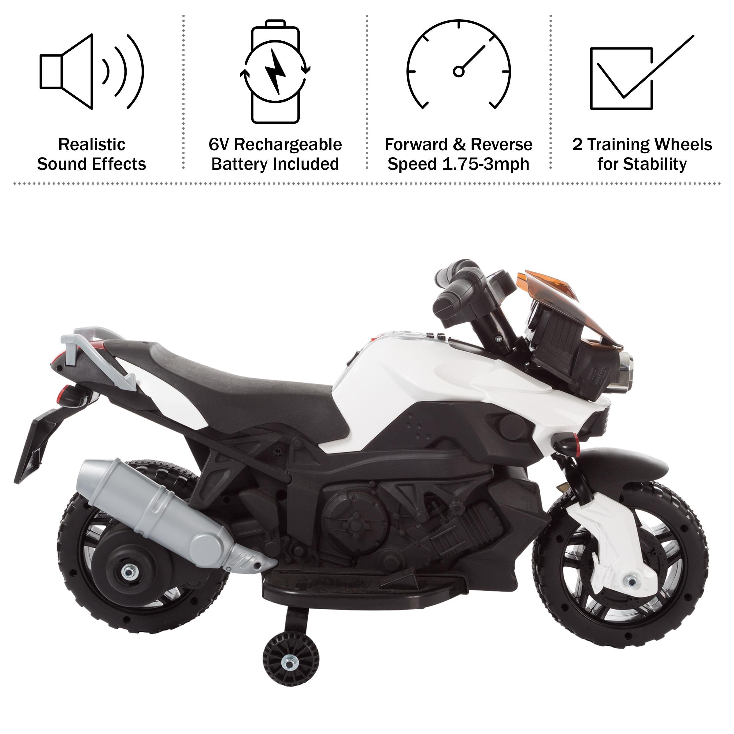 Toy Time Kids Motorcycle - Electric Ride-On with Training Wheels and Reverse Function - White and Black