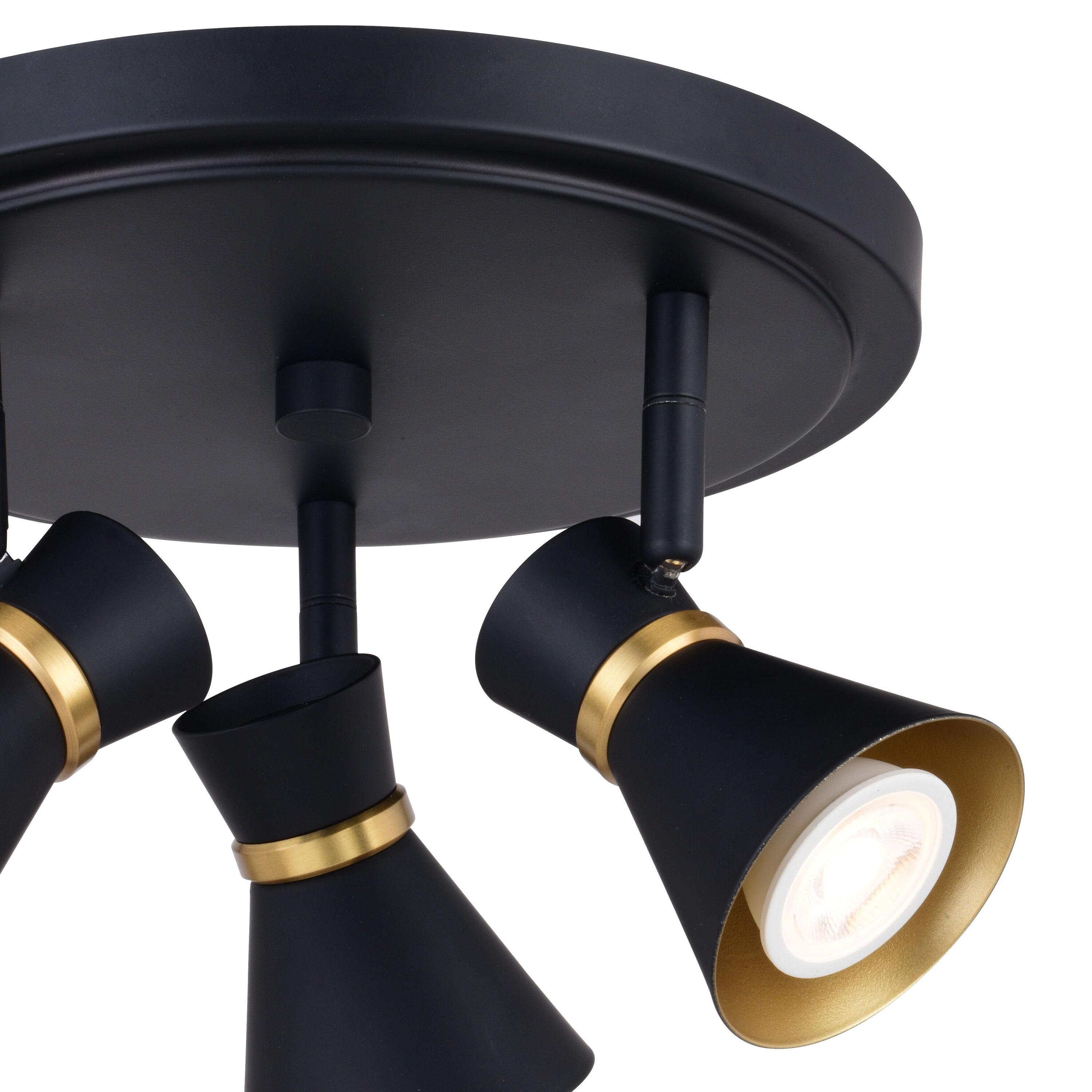 Alto 3 Light LED Matte Black with Gold Satin Brass Accents Mid-Century Modern Directional Ceiling Spot Fixture with Metal Shades