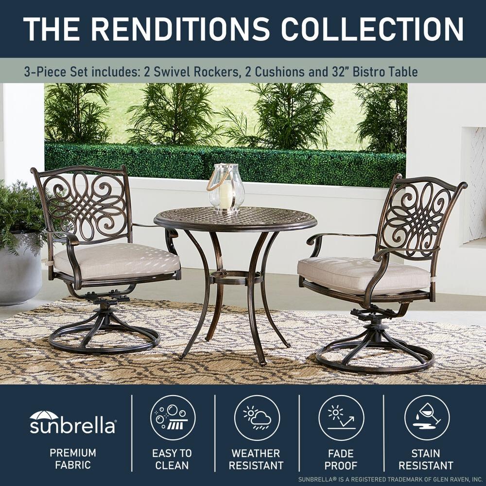Renditions 3-Piece Set with 2 Swivel Rockers and 32-in. Cast-Top Table, Featuring Sunbrella Fabric