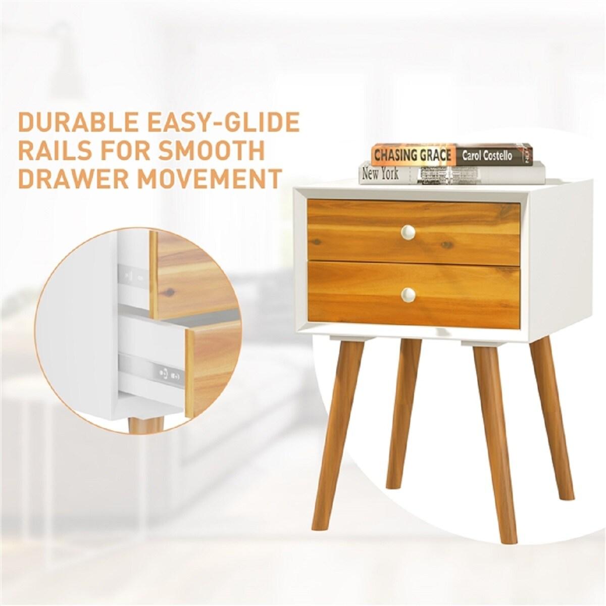 Giantex Mid Century Modern Nightstand, Wooden Bedside Tables w/ 2 Storage Drawers & Solid Wood Legs, Practical End Side Table for Living Room Bedroom, White & Walnut