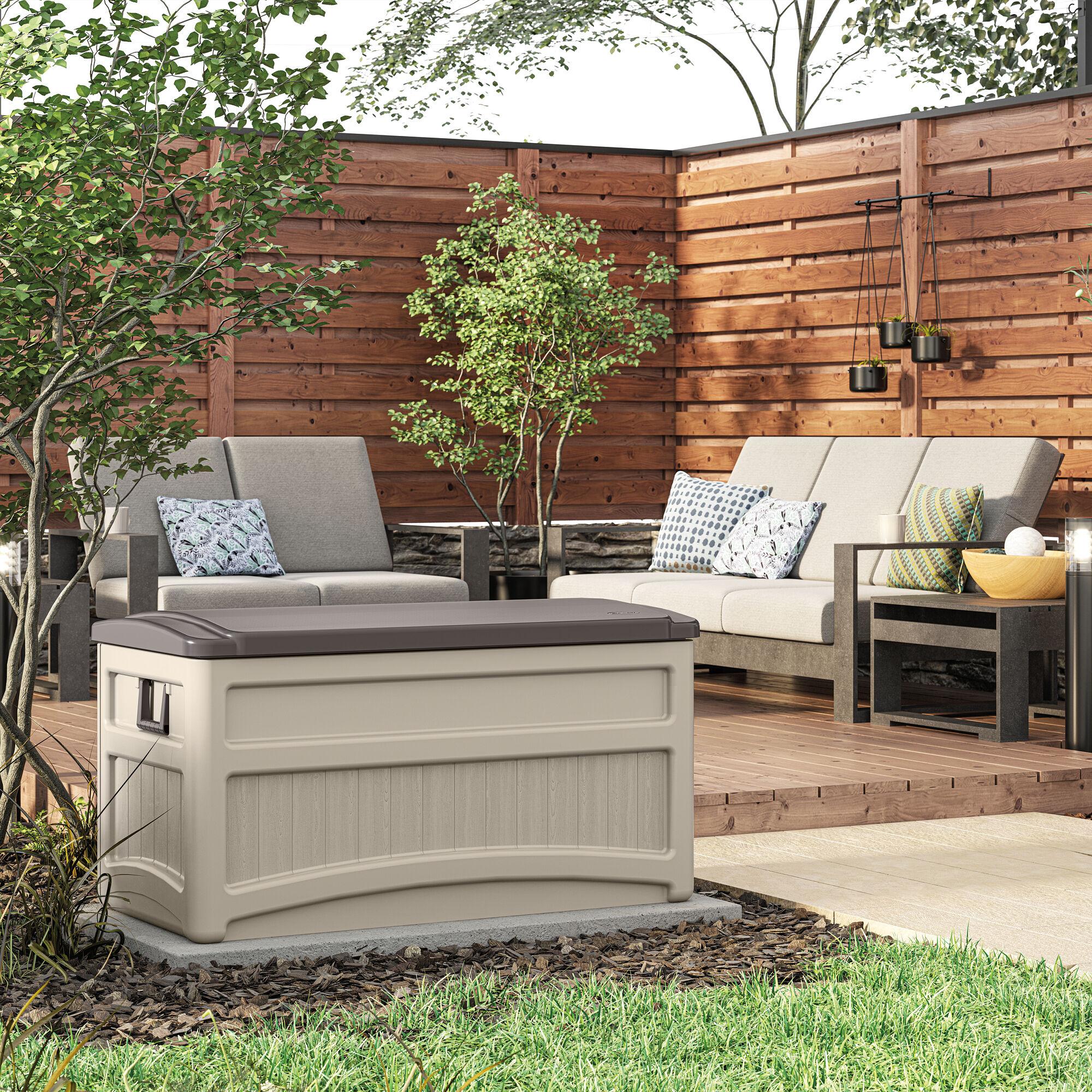 Suncast Suncast 78 Gallon Water Resistant Resin Deck Box with Wheels in Light Taupe/Mocha