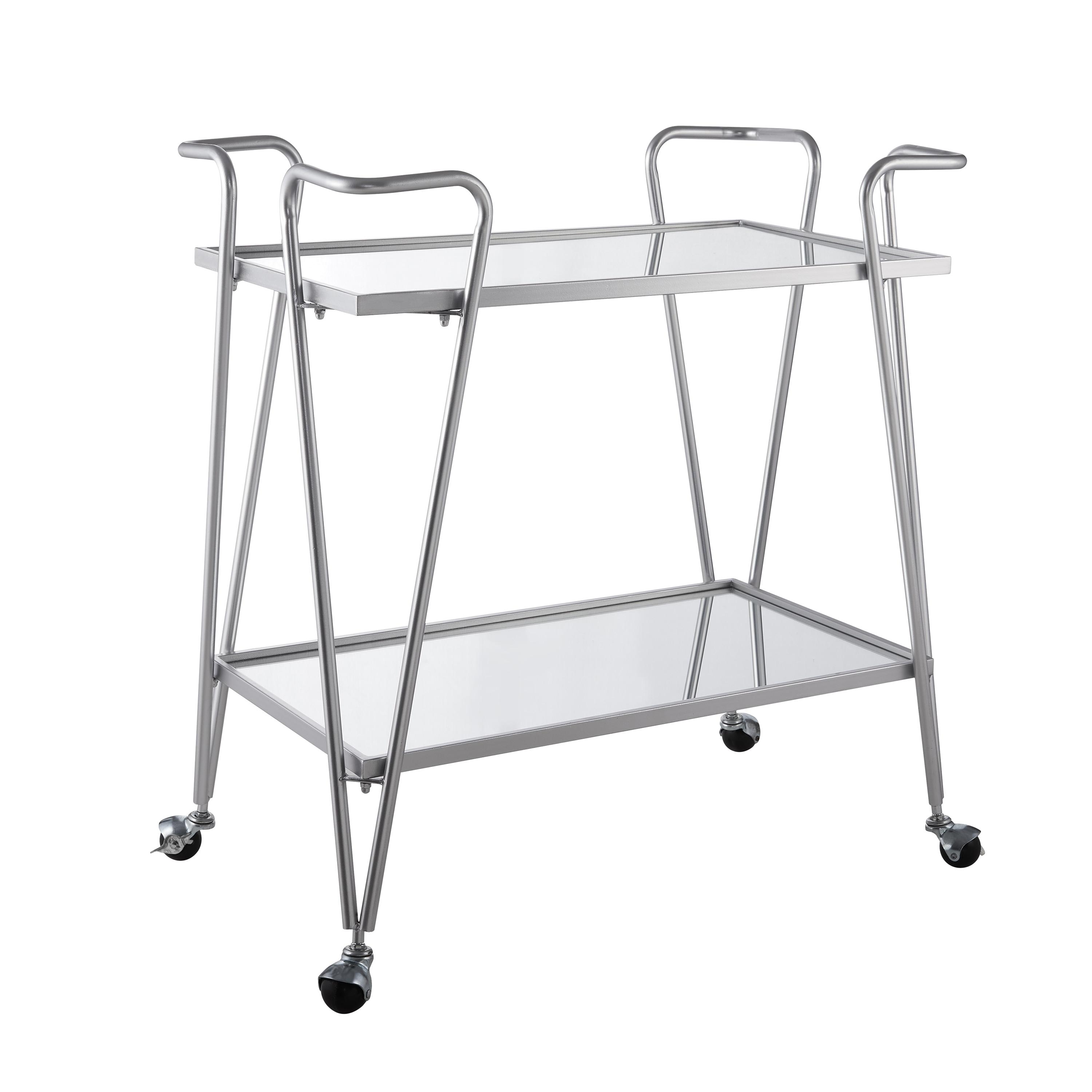 Mid-Century Modern Metal Frame 2 Mirrored Spacious Glass Shelves Locking Wheels Bar Cart Silver - Linon