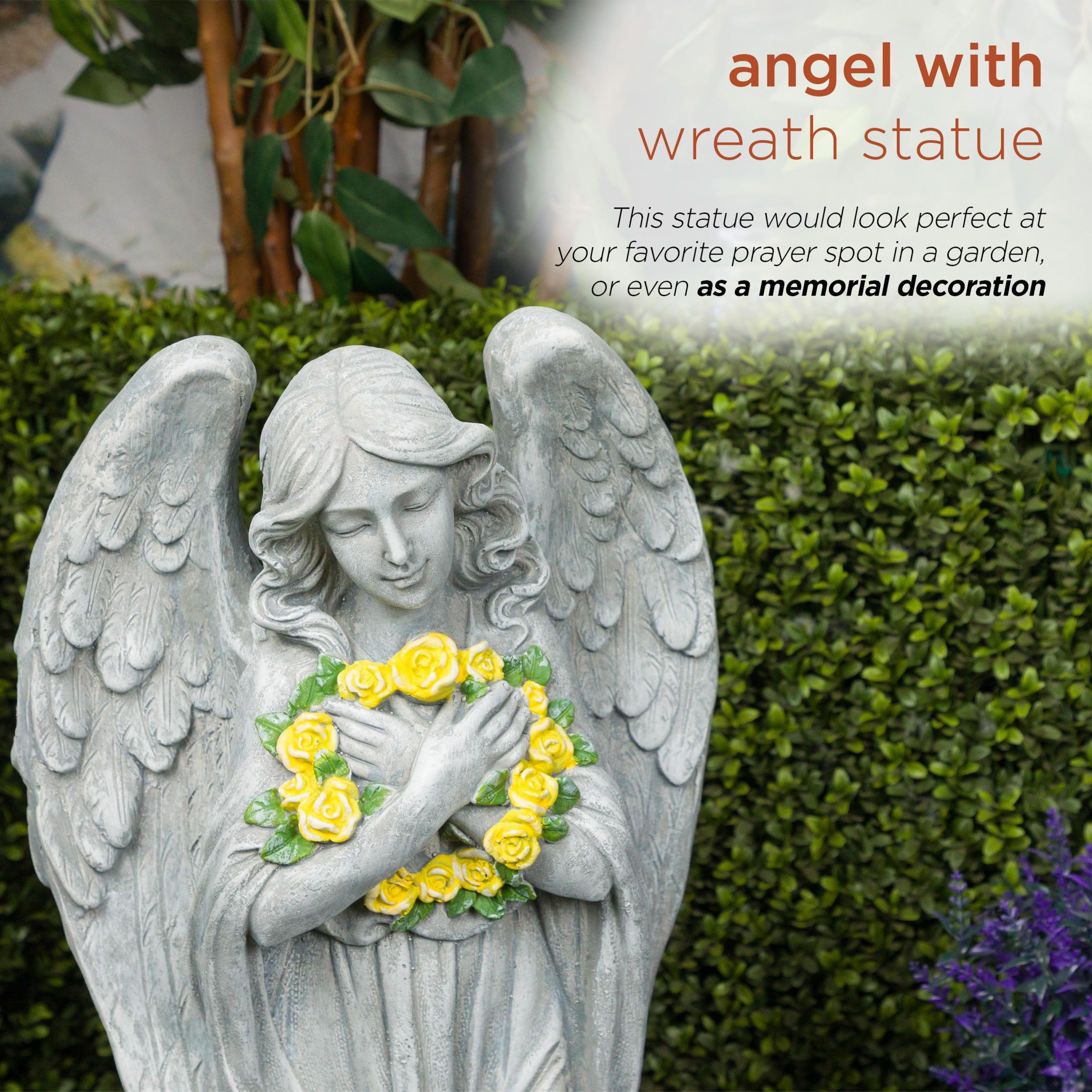Alpine Corporation 29"H Angel with Yellow Flower Wreath Garden Statue