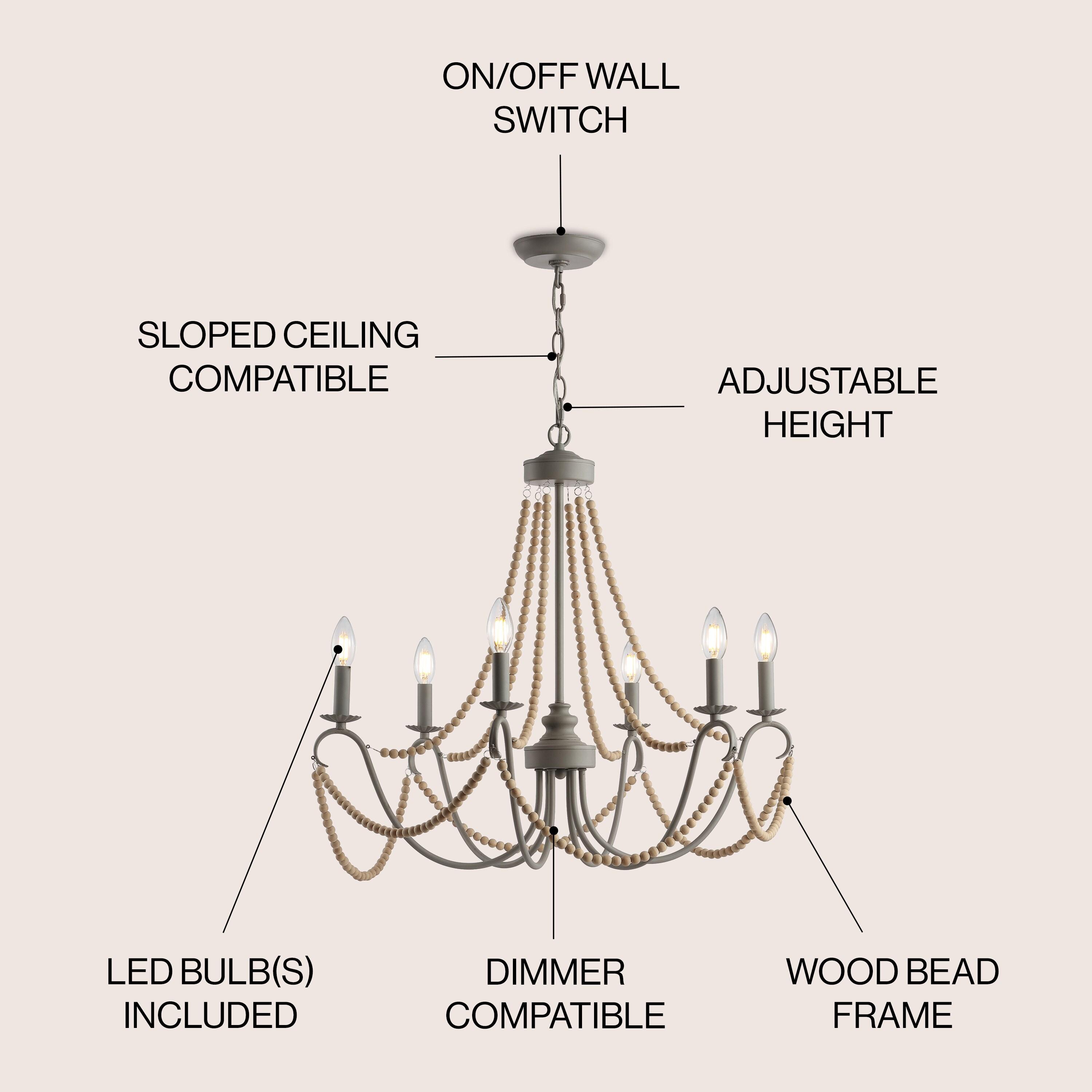 Rustica 6-Light 27" Adjustable Greige Metal/Wood Bead LED Chandelier, Grey/Natural