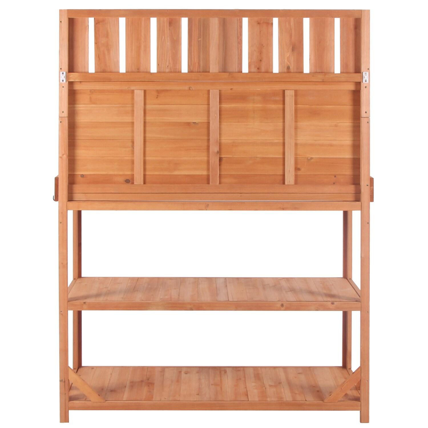 Wooden Potting Bench, 65" Large Wooden Farmhouse Rustic Outdoor Potting Bench Table, Patio Workstation, Garden Potting Bench with 4 Storage Shelves, Splash Plate & 3 Side Hooks, Natural