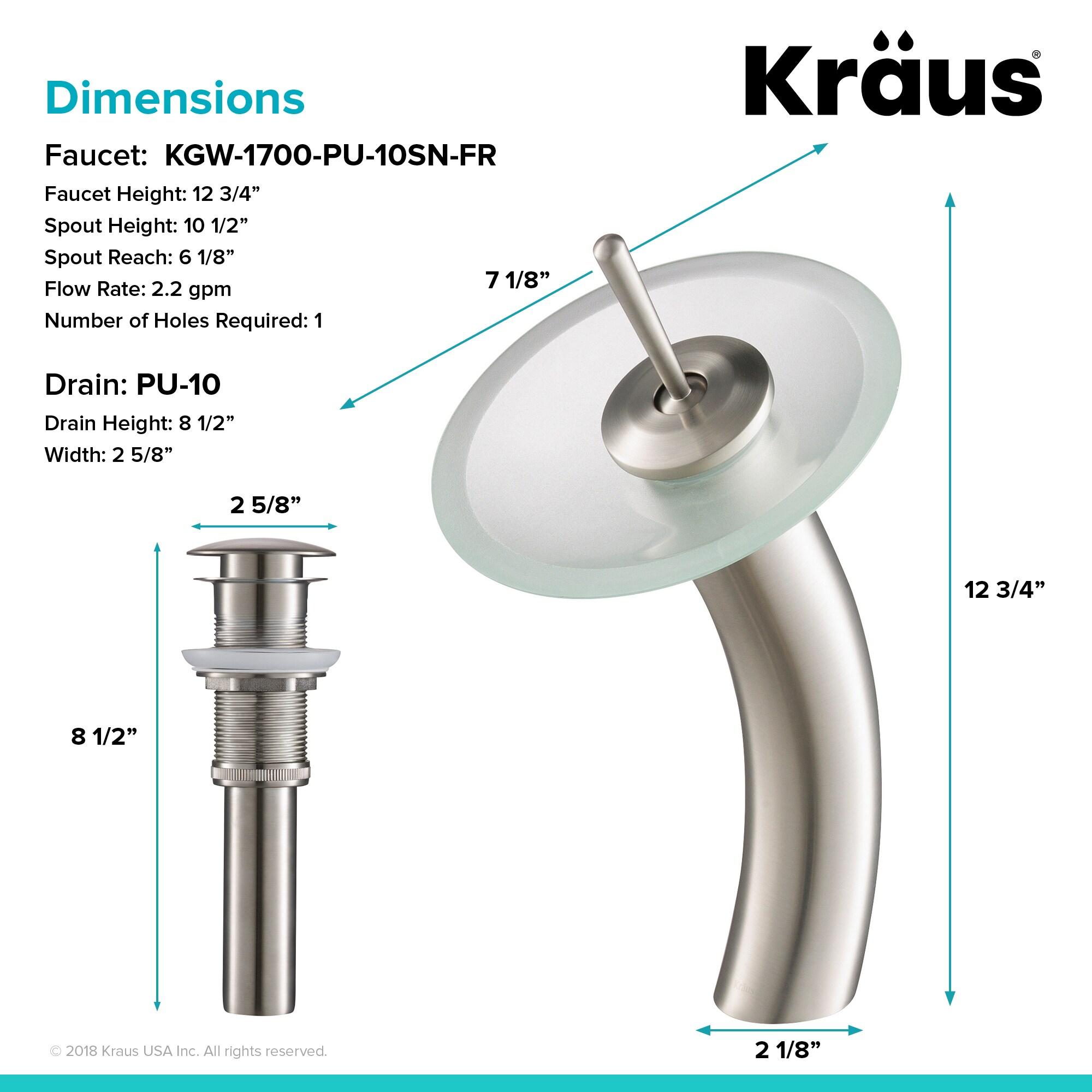 KRAUS Tall Waterfall Bathroom Faucet for Vessel Sink with Frosted Glass Disk and Pop-Up Drain, Satin Nickel Finish