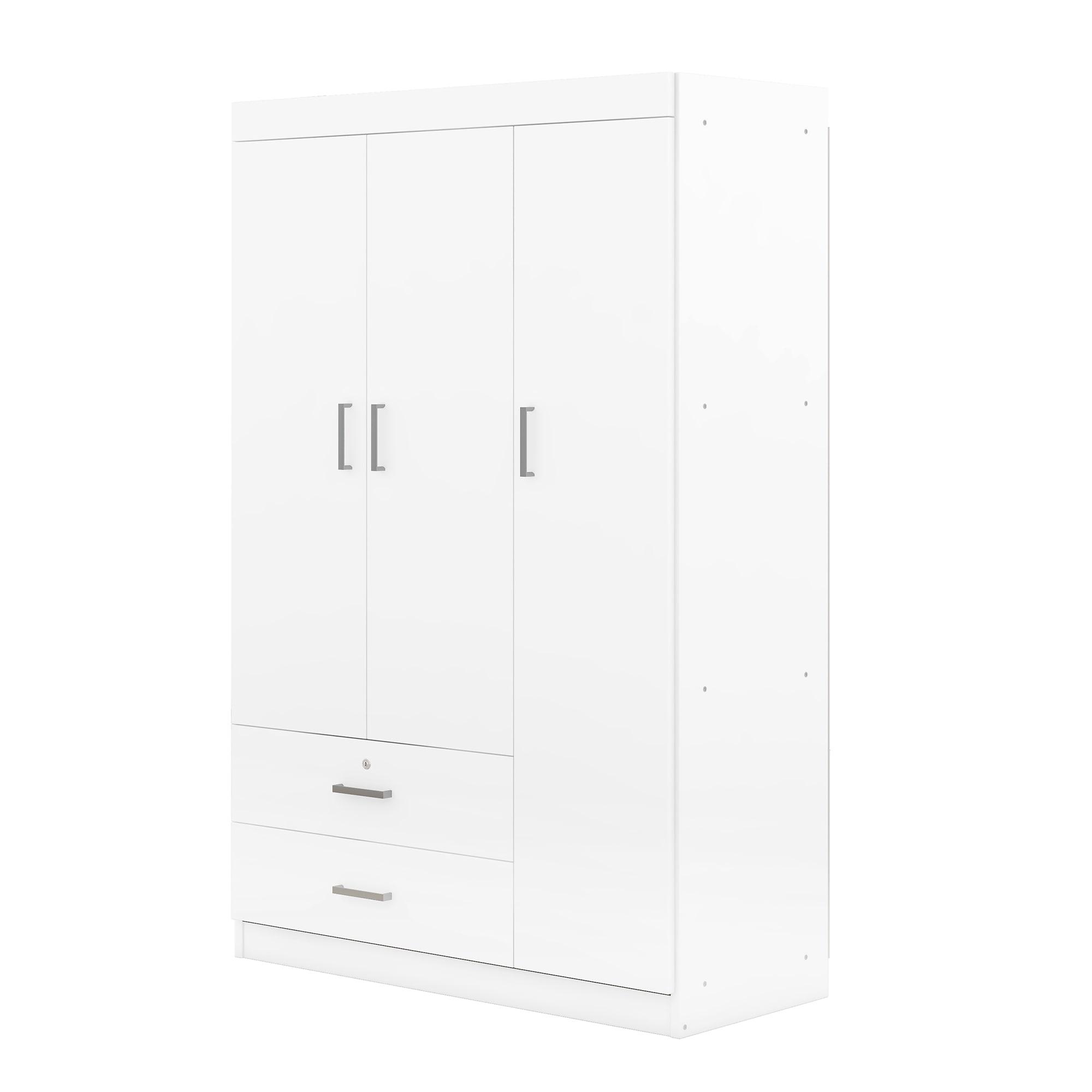 Harper & Bright Designs Large 3 Doors Wardrobe Closet with 2 Drawer and Hanging Rail, Bedroom Clothes Storage Cabinet Organizer, White