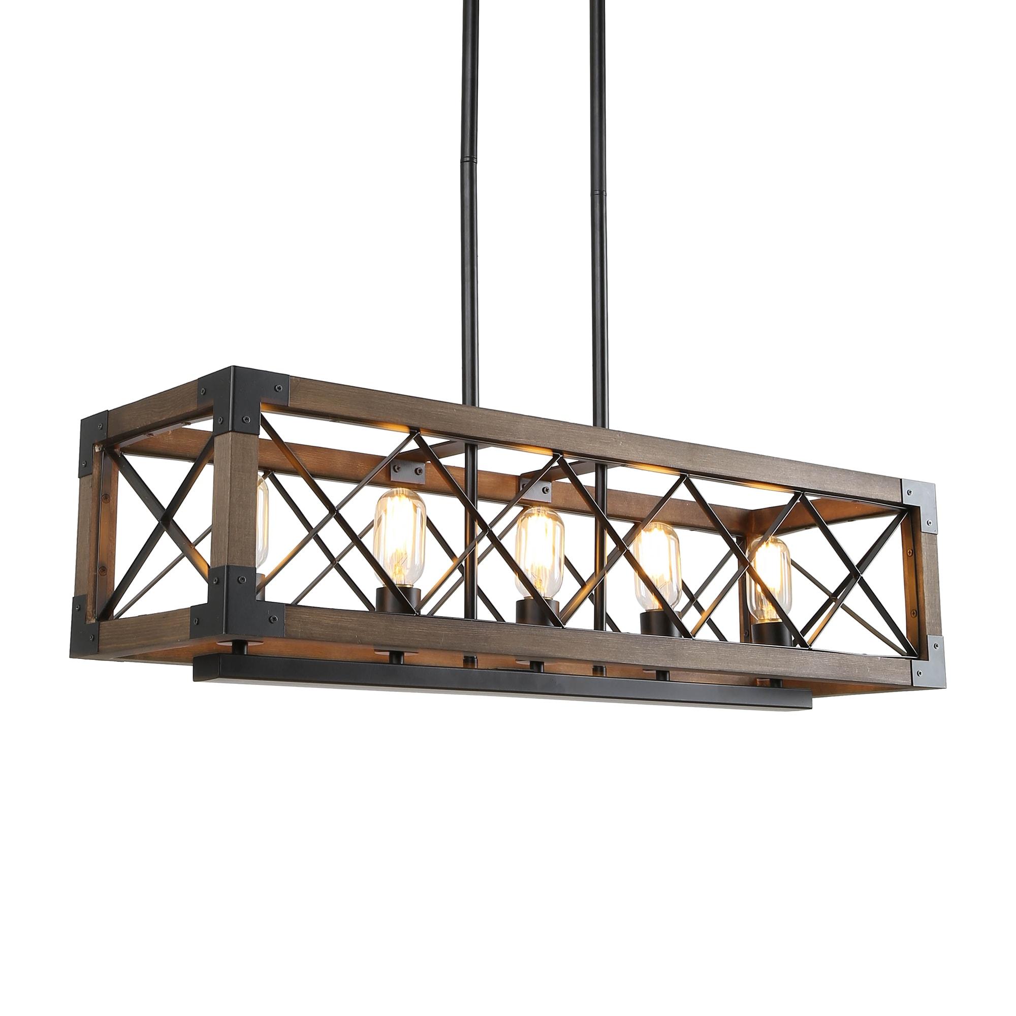 Farmhouse 5-Light Wood and Black Metal Chandelier, Rectangular Kitchen Island Light Fixture