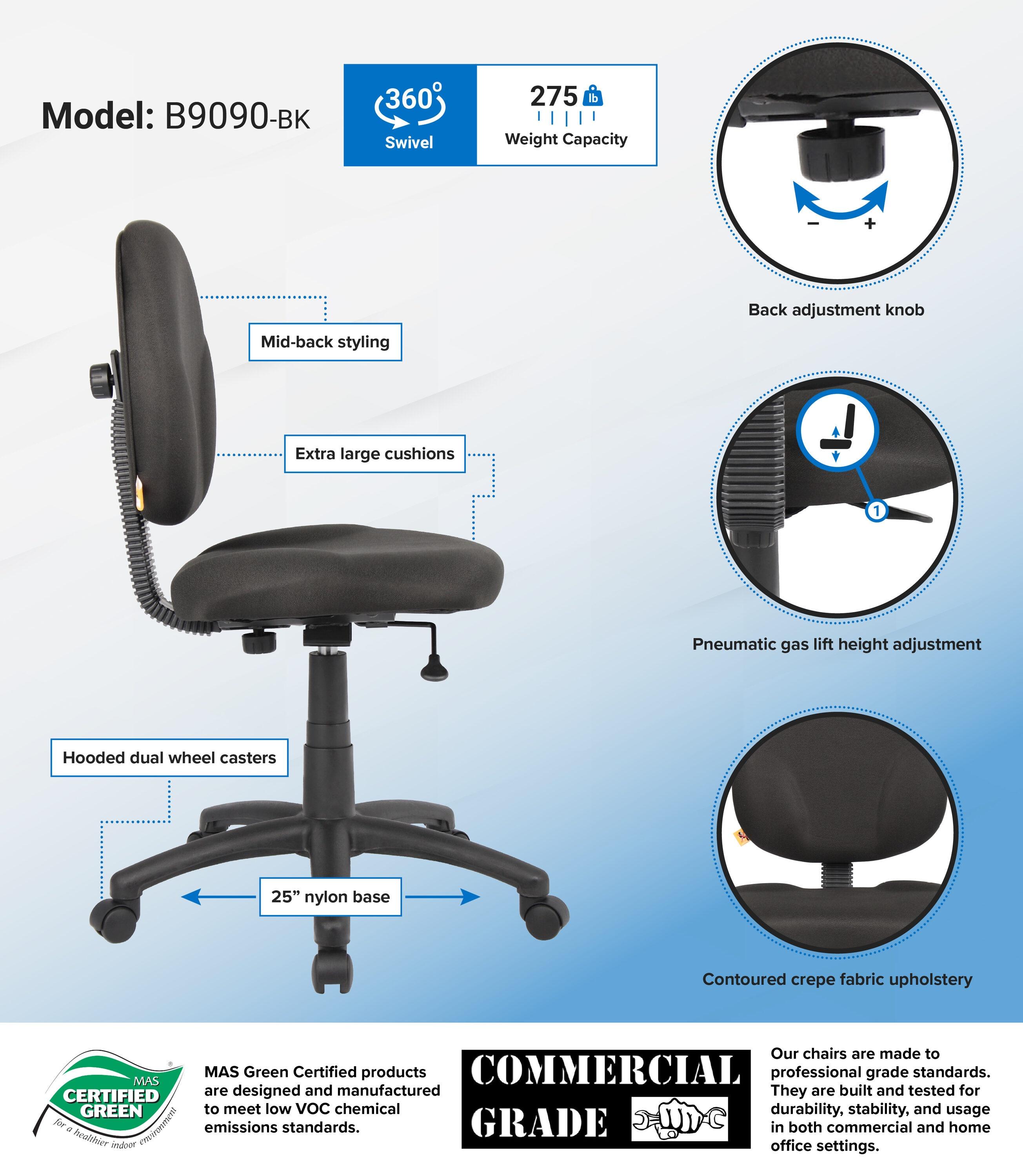 Boss Office Products Diamond Task Chair Black: Upholstered, Swivel, Adjustable Height, Metal Frame, Nylon Legs