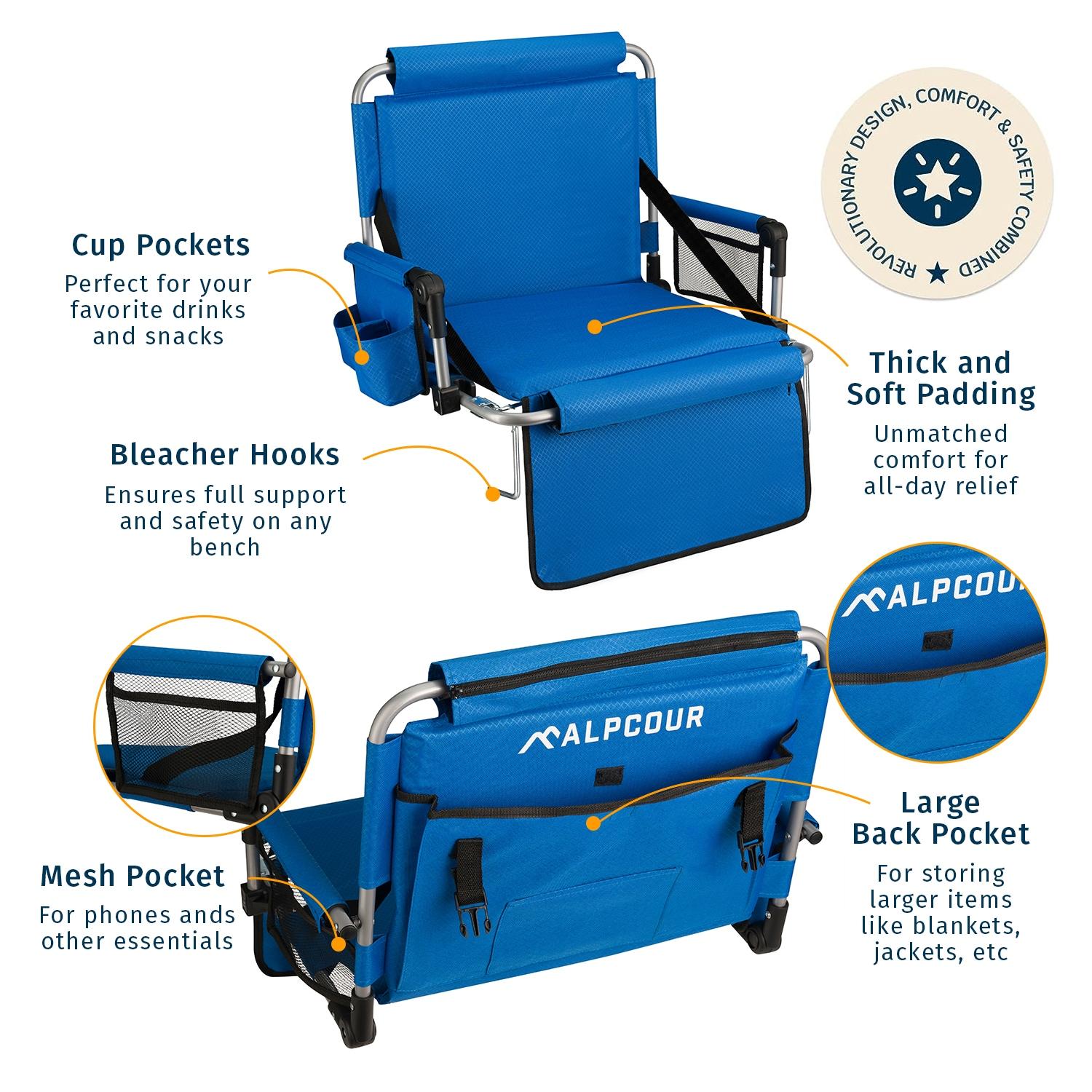 Alpcour Stadium Seat - Foldable, Padded Bleacher Chair with Backrest, Armrest, Pockets, & Cup Holder - Blue