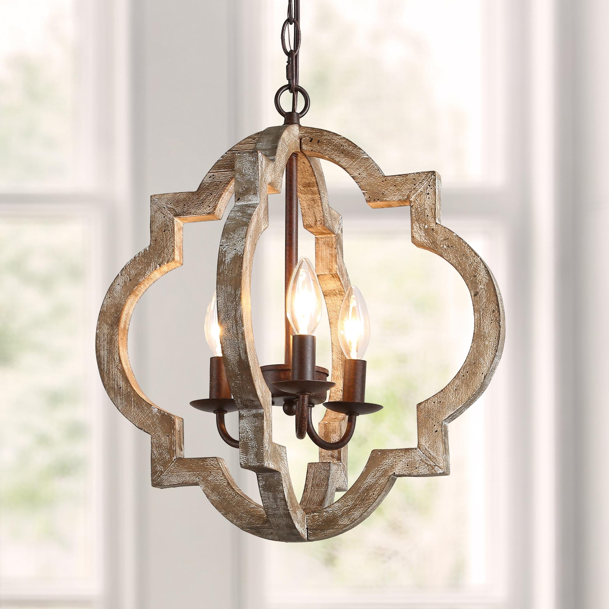 LNC 3-Light Farmhouse Distressed Gray Wood and Rustic Bronze Cage LED Chandelier