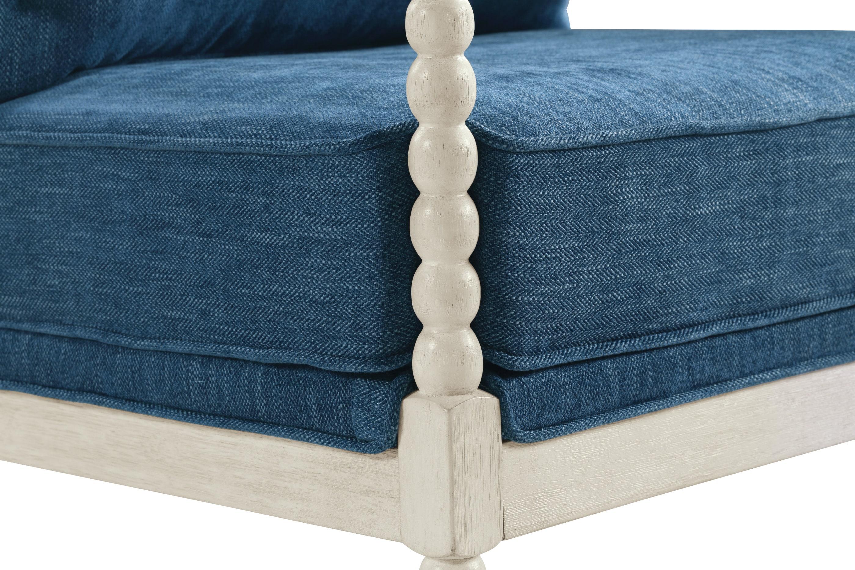 OSP Home Furnishings Kaylee Spindle Accent Chair with Antique White Wood Frame, Navy Blue Fabric