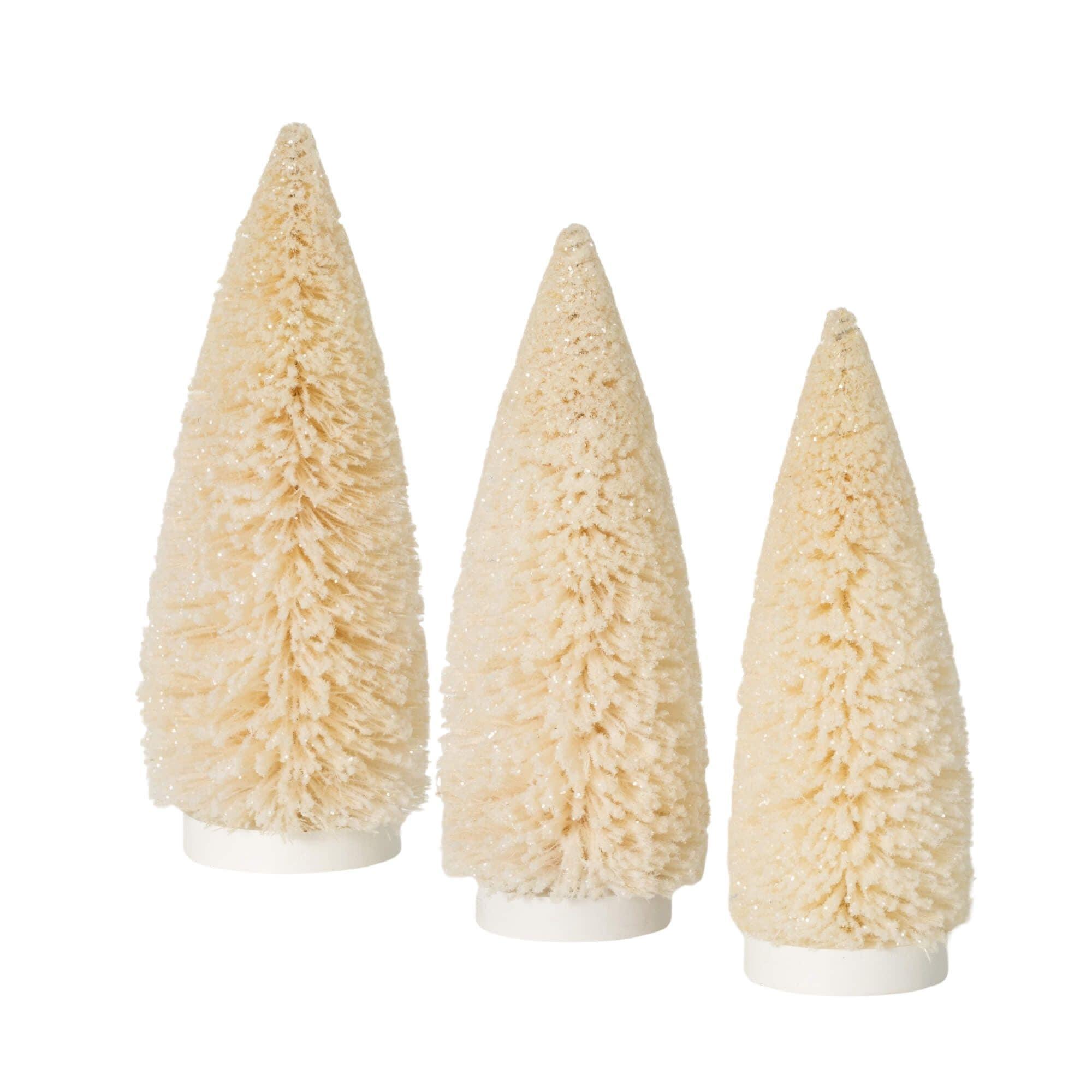 8.5"H 9"H & 10"H Sullivans Christmas Frosty Cream Bottlebrush Trees Set of 3 Indoor Christmas Decor