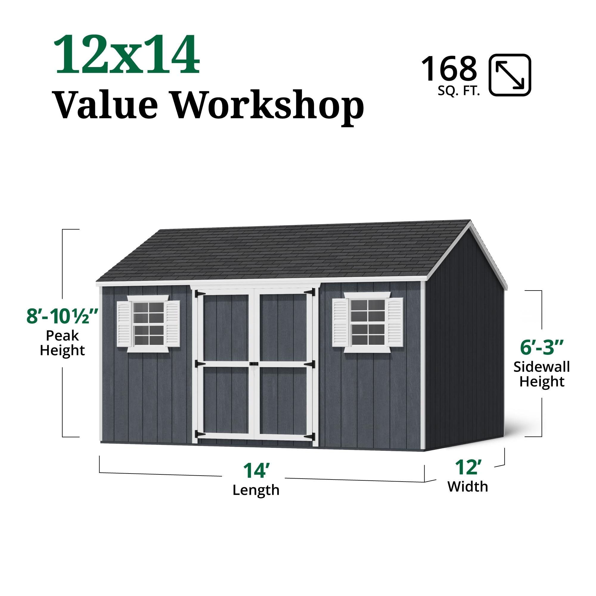 Little Cottage Co. 12x14 Value Workshop Shed with Operable Windows and Floor, Outdoor Wood Storage Do-It-Yourself Precut Kit
