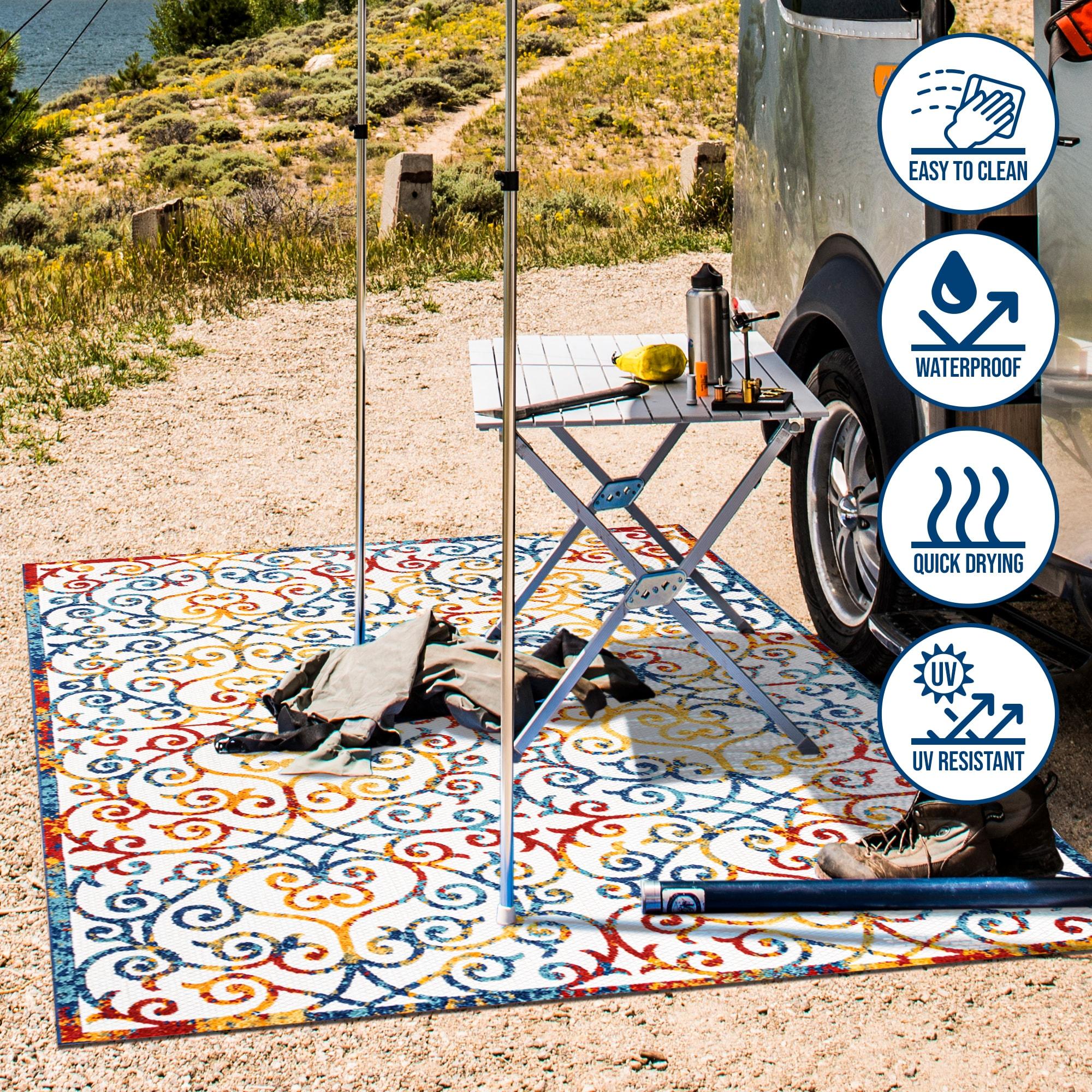 3'x5' Atrani Scroll Trellis Indoor/Outdoor Area Rug, Cream/Blue/Red - JONATHAN Y