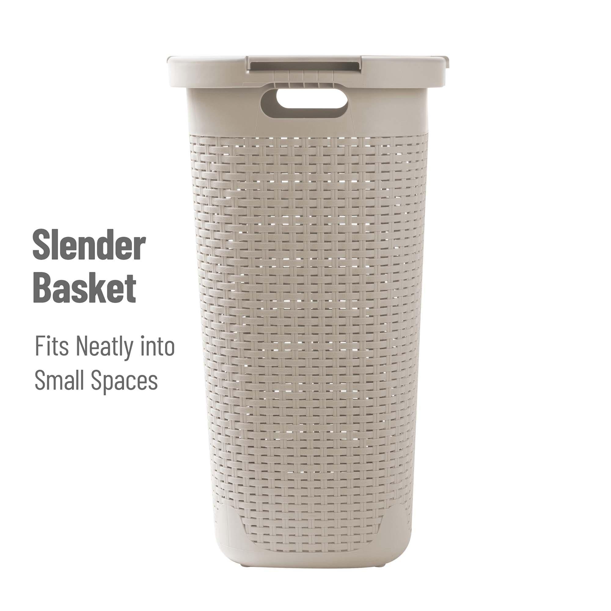 Mind Reader 60L Slim Laundry Hamper, Clothes Basket, Lid, Wicker Style, Plastic, 17.65"L x 13.75"W x 24.15"H, Set of 2, Ivory