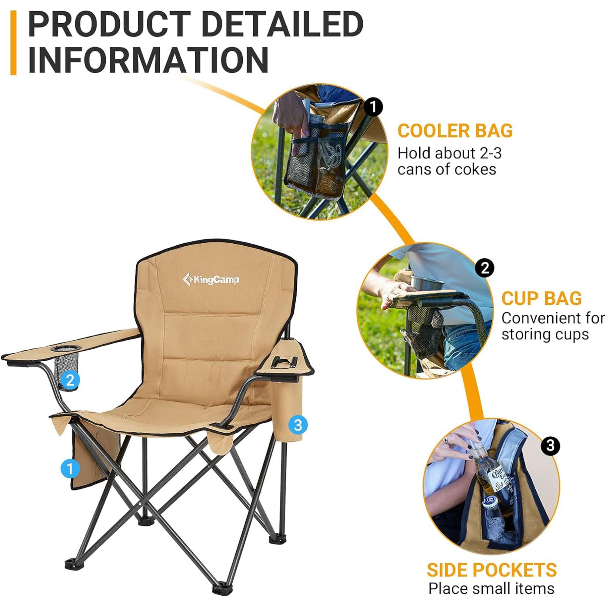 KingCamp Padded Portable Outdoor Folding Lounge Chairs with Built In Cupholder, Insulated Cooler Sleeve, and Side Storage Pocket, Khaki