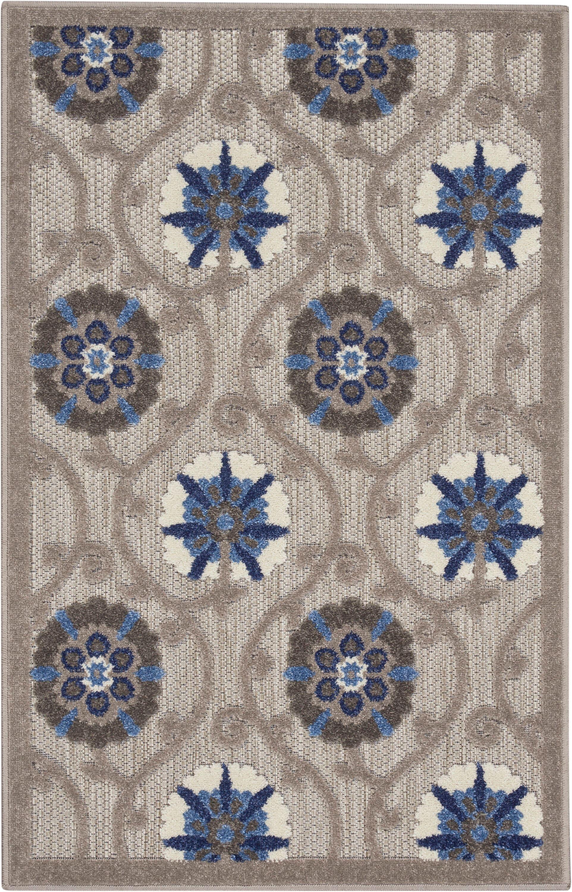 Nourison Aloha Contemporary Floral Flatweave High-Low Indoor Outdoor Area Rug Grey/Blue 2'8" x 4'