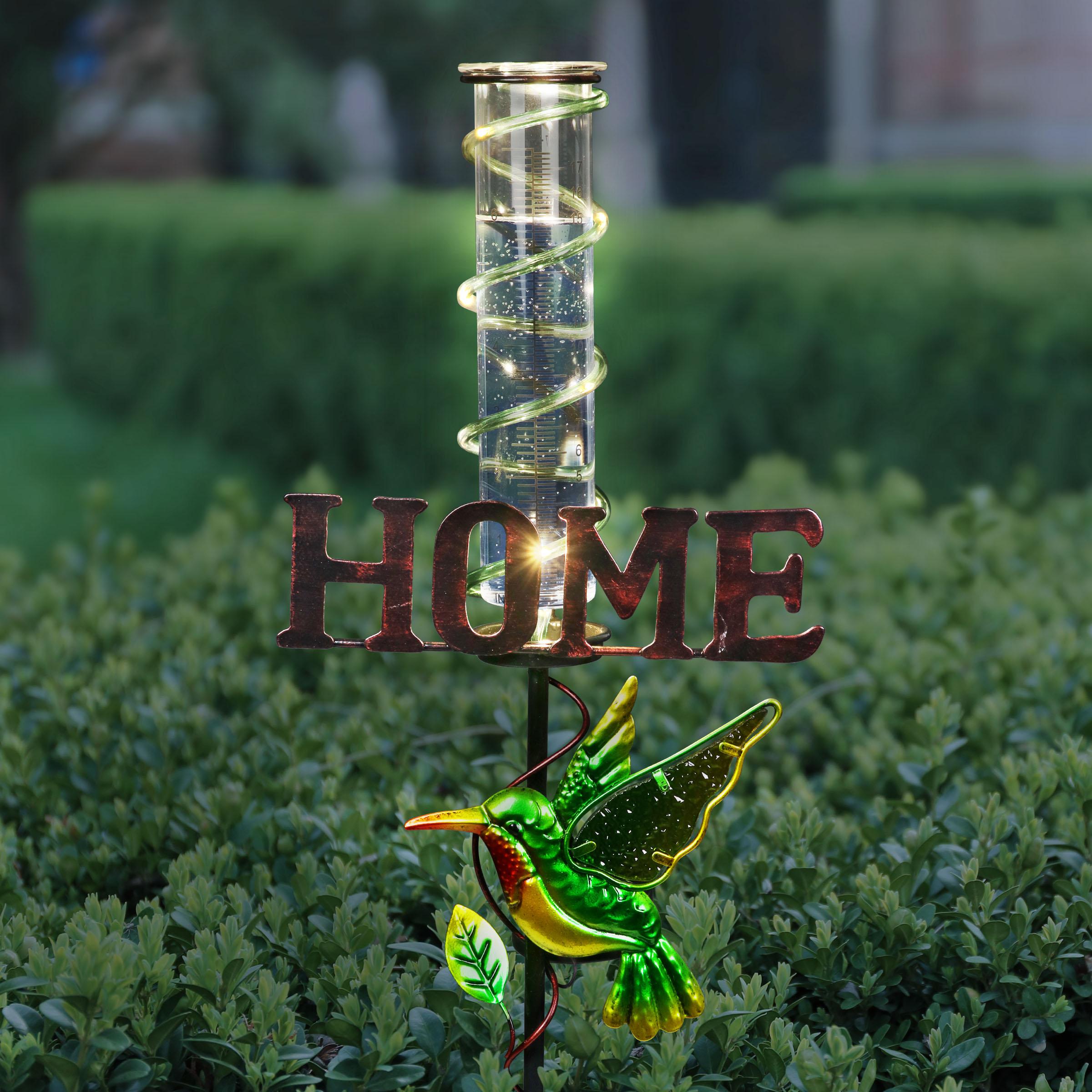 Exhart Solar Hummingbird Rain Gauge Garden Stake Reads HOME, 12.5 by 31.5 Inches