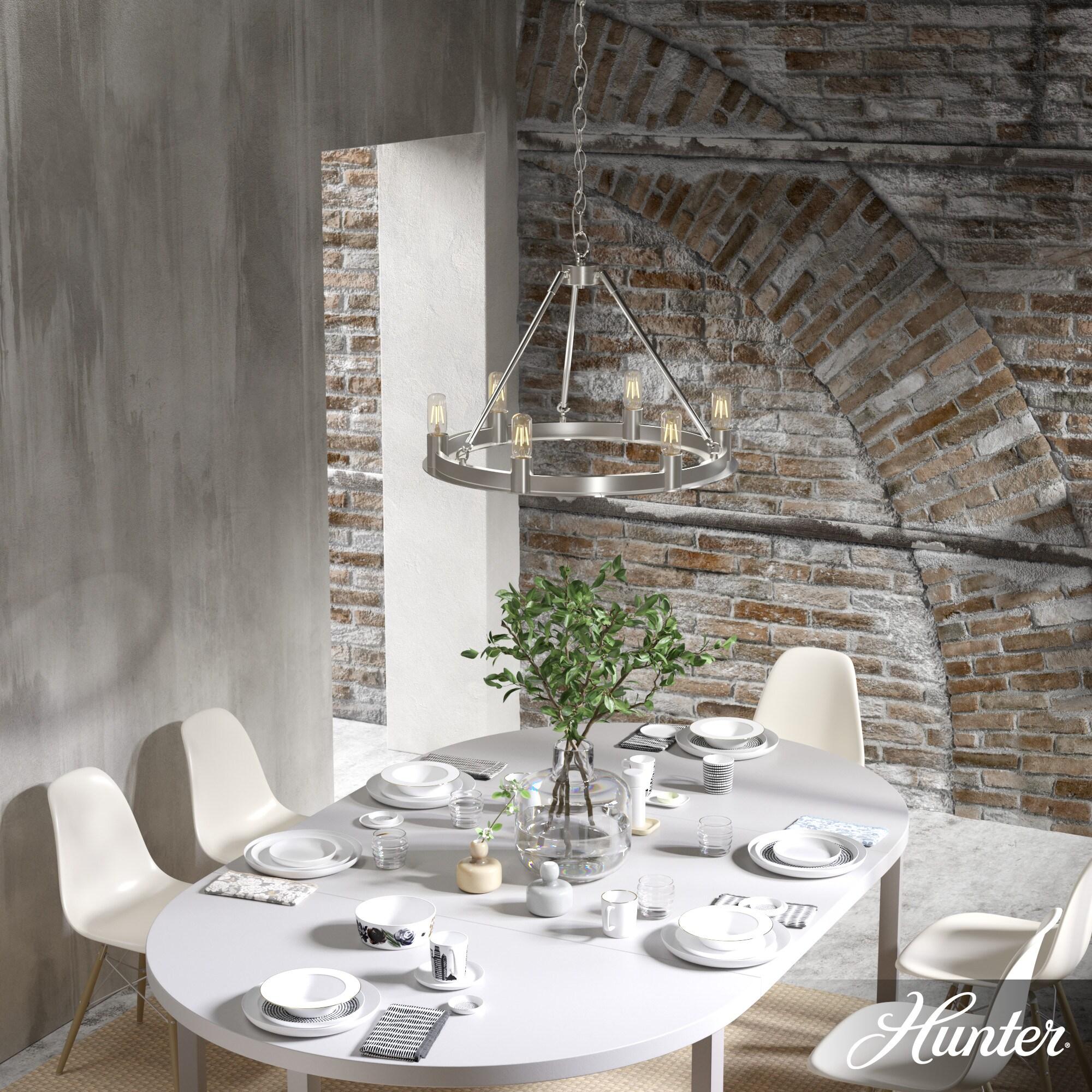 Hunter - Saddlewood 6-light Brushed Nickel, Large Chandelier, Dimmable, Casual Style, Wagon Wheel Shaped, for Bedrooms, Kitchens, Dining, Living Rooms - 19034