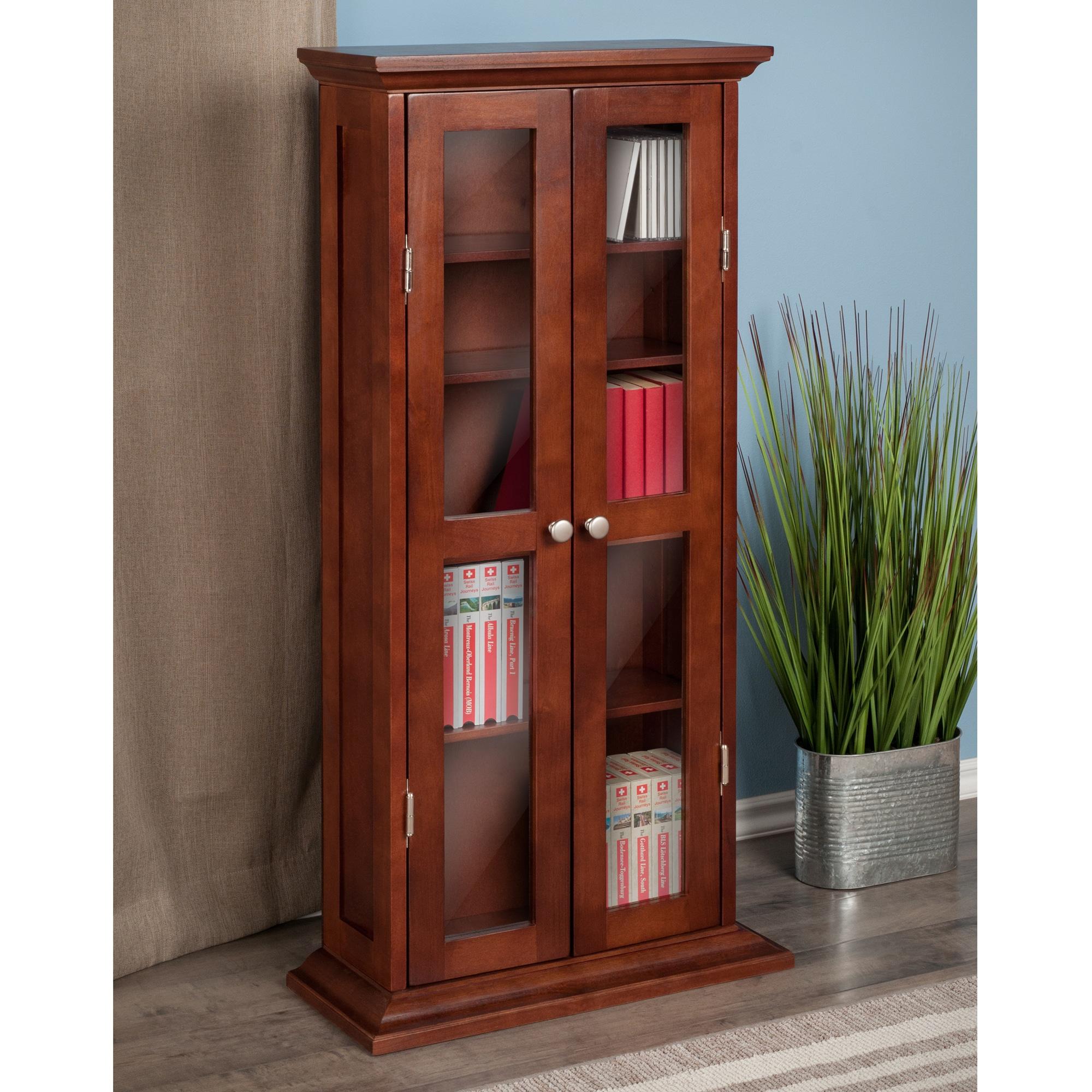 Dvd-Cd Cabinet - Antique Walnut - Winsome: Multimedia Storage, Glass Doors, 5 Adjustable Shelves