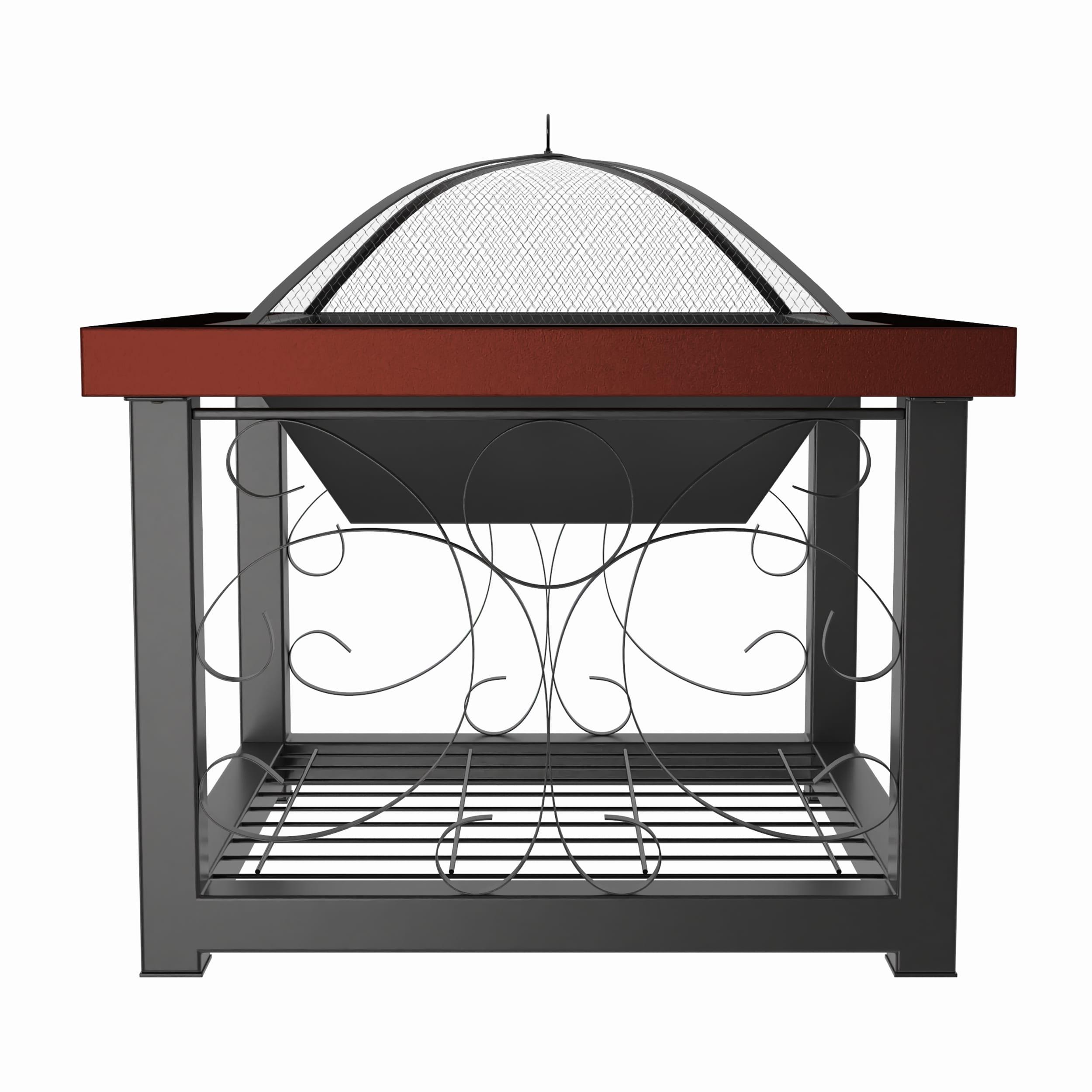 Fire Sense Fire Pit Cocktail Square Table Wood Burning Mesh Spark Screen Wood Grate with Storage Rack – Hammered Bronze Finish