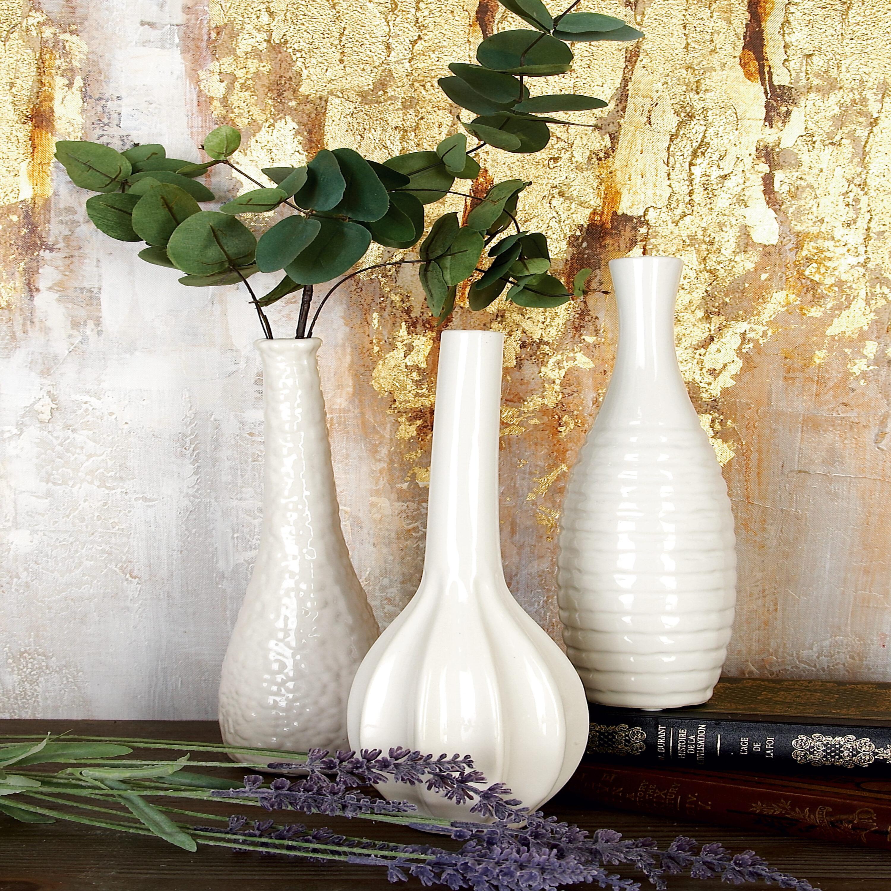 Ceramic Slim Textured Bottleneck Decorative Vase with Varying Patterns Set