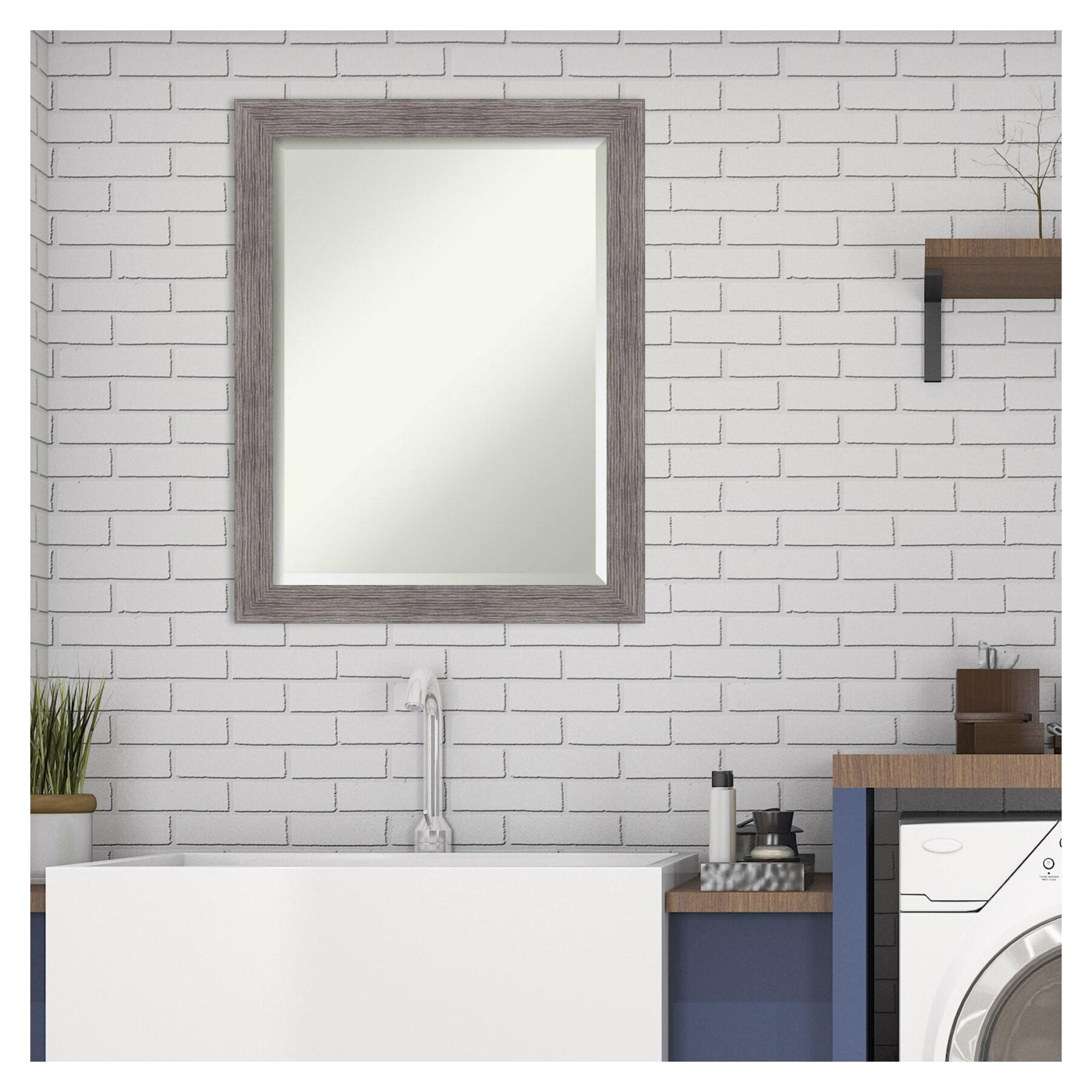Amanti Art Beveled Bathroom Wall Mirror - Pinstripe Frame Pinstripe Plank Grey Narrow Outer Size: 21 x 27 in
