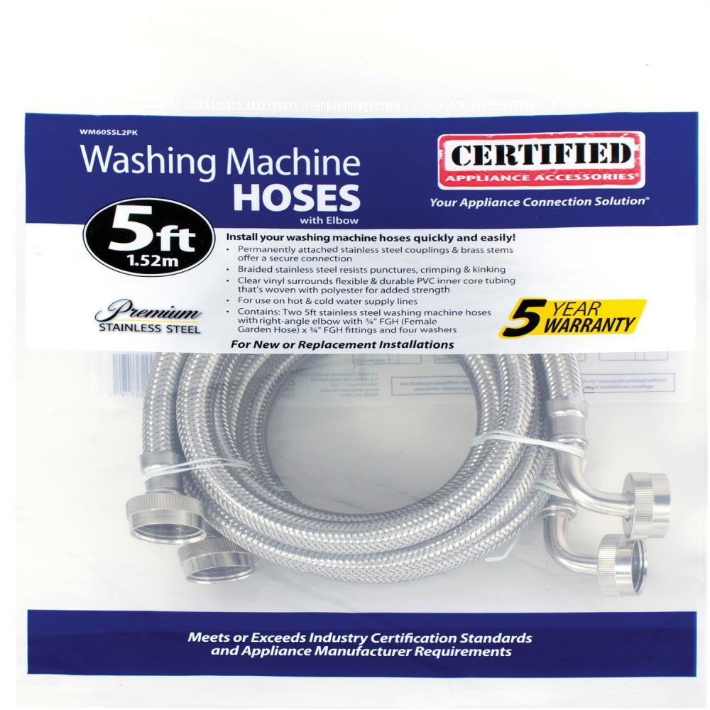 CERTIFIED APPLIANCE WM60SSL2PK Braided Stainless Steel Washing Machine Hoses with Elbow, 2 pk (5ft)