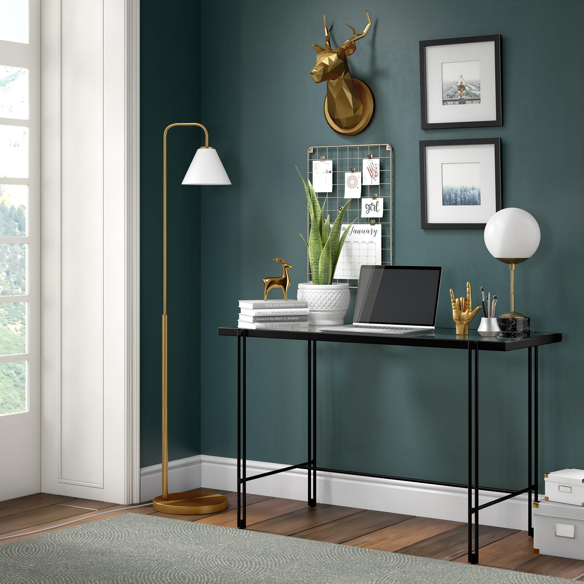 Evelyn&Zoe Henderson Arc Floor Lamp with Glass Shade, Brass/White Milk