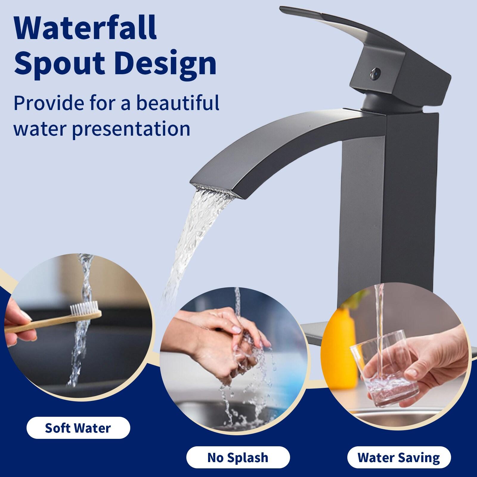 BWE Waterfall Single Hole Single-Handle Low-Arc Bathroom Sink Faucet With Pop-up Drain Assembly