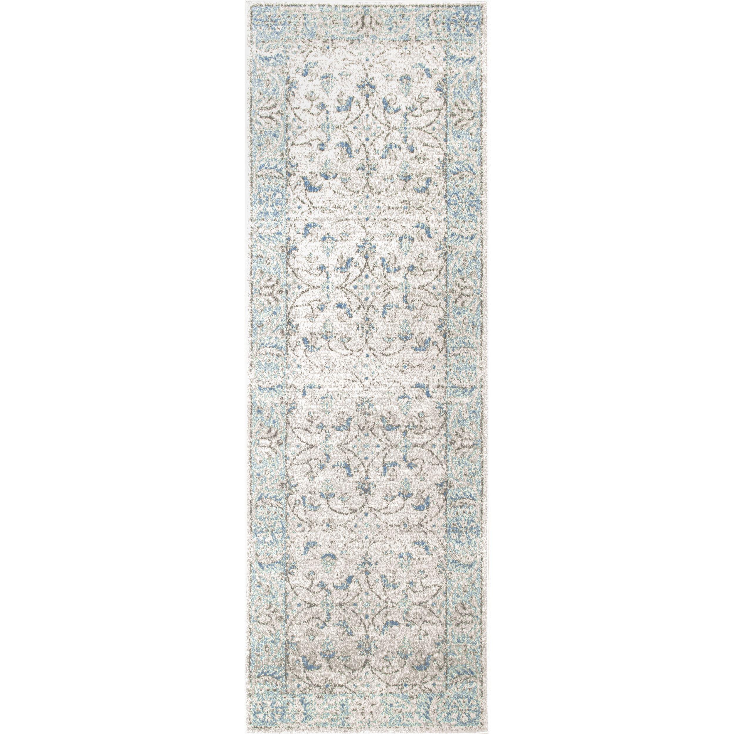 Aqua and Gray Floral Synthetic Reversible Runner Rug, 2' x 6'