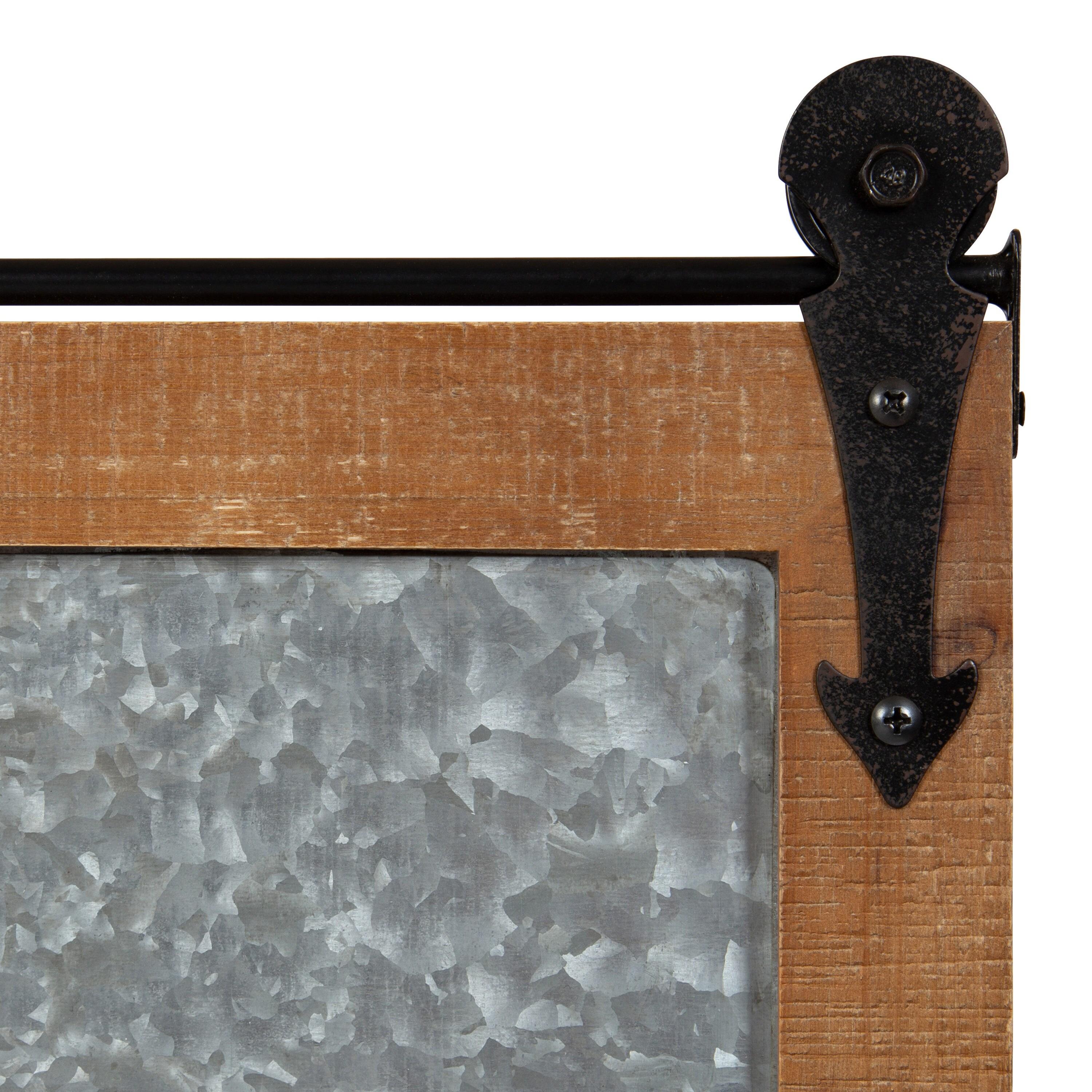 Kate and Laurel Cates Modern Farmhouse Barn Door Wood Framed Galvanized Metal Magnetic Memo Board, Rustic Brown