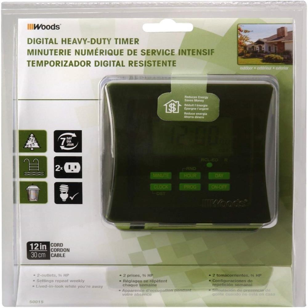 Woods 50015WD Outdoor 7-Day Heavy Duty Digital Plug-in Timer, 2 Grounded Outlets, Weatherproof, Perfect for Automating Holiday/Christmas Lights, Energy Saving Precision Programming, Black & Green