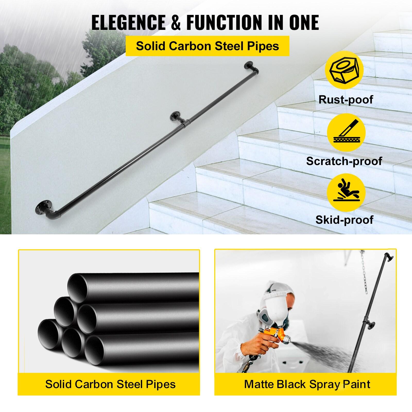 6 ft. Pipe Stair Handrail 440 lbs. Load Capacity Wall Mounted Handrail Round Corner Handrails for Outdoor Steps in Black