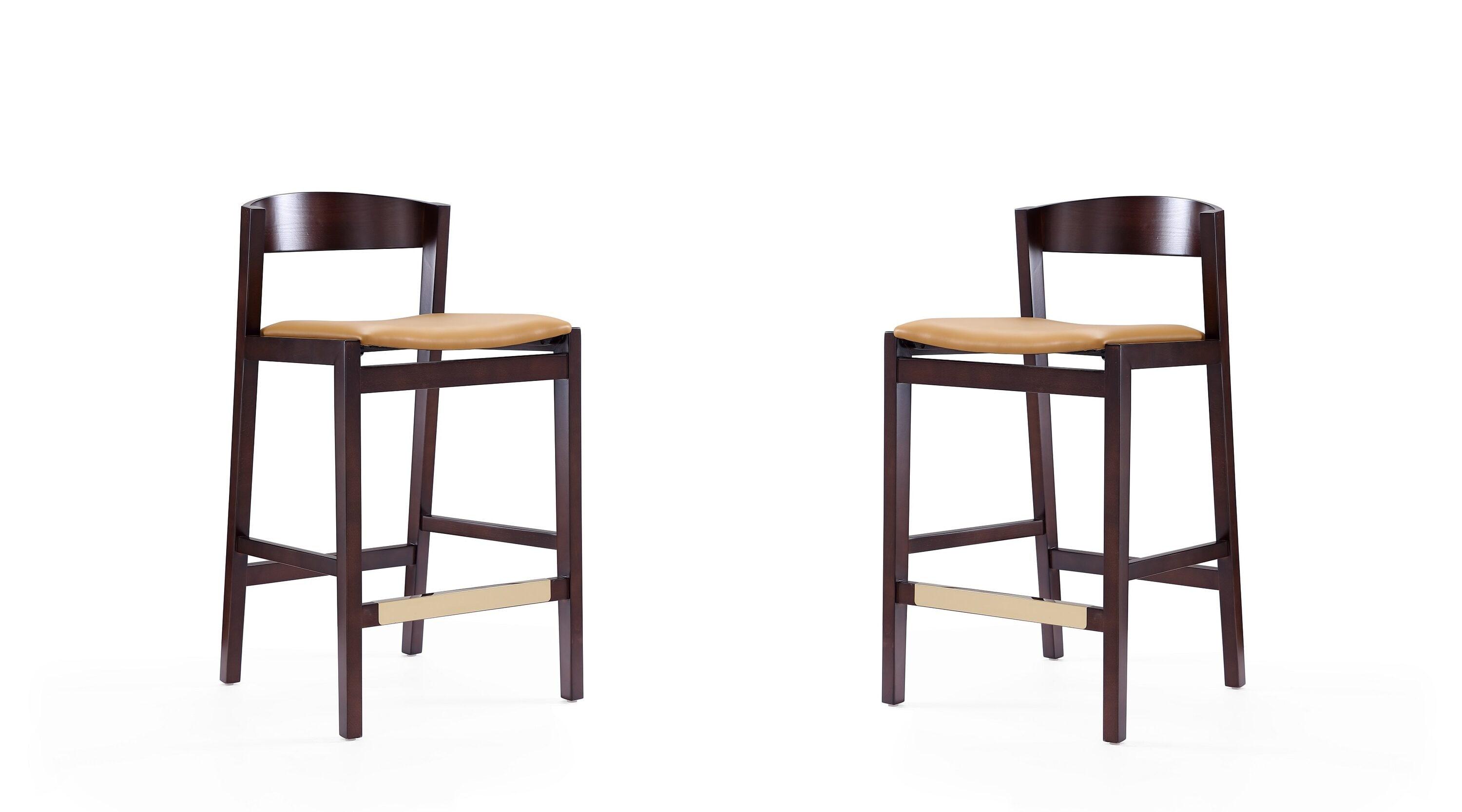Klismos 36.75 in. Camel and Dark Walnut Beech Wood Counter Height Bar Stool (Set of 2)