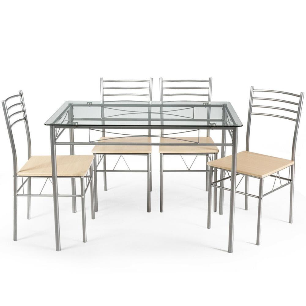 Costway 5 Piece Dining Set Table and 4 Chairs Glass Top Kitchen Breakfast Furniture Brown