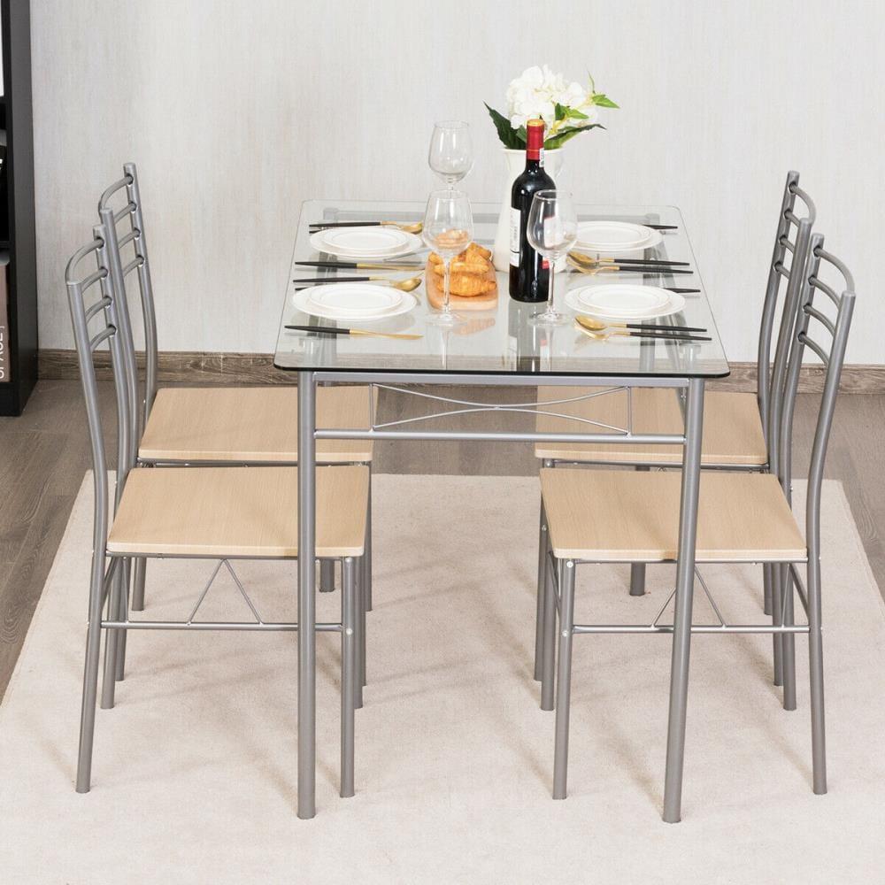 Costway 5 Piece Dining Set Table and 4 Chairs Glass Top Kitchen Breakfast Furniture Brown