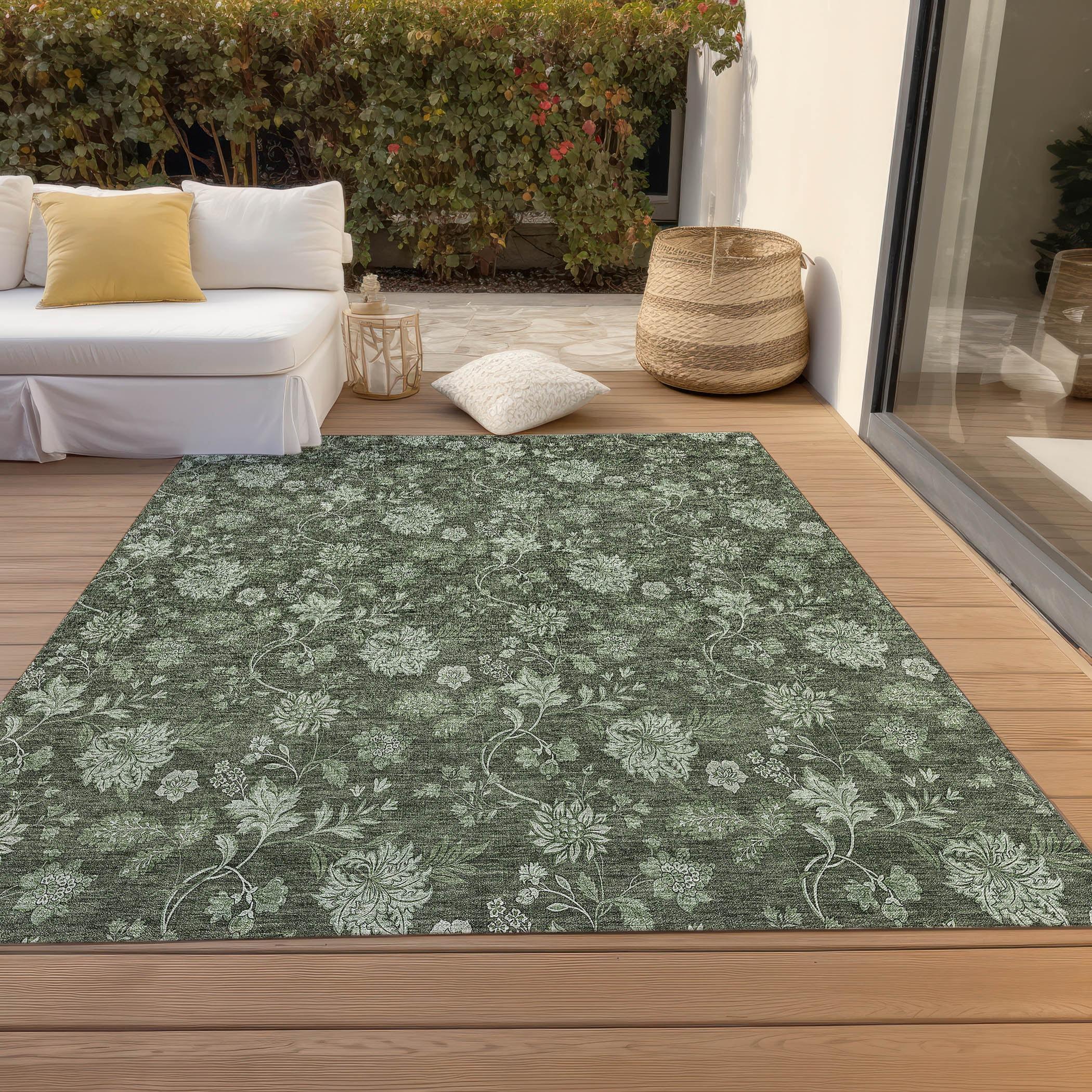 Olive Floral Pattern Indoor Outdoor Area Rug 2'6" x 3'10"