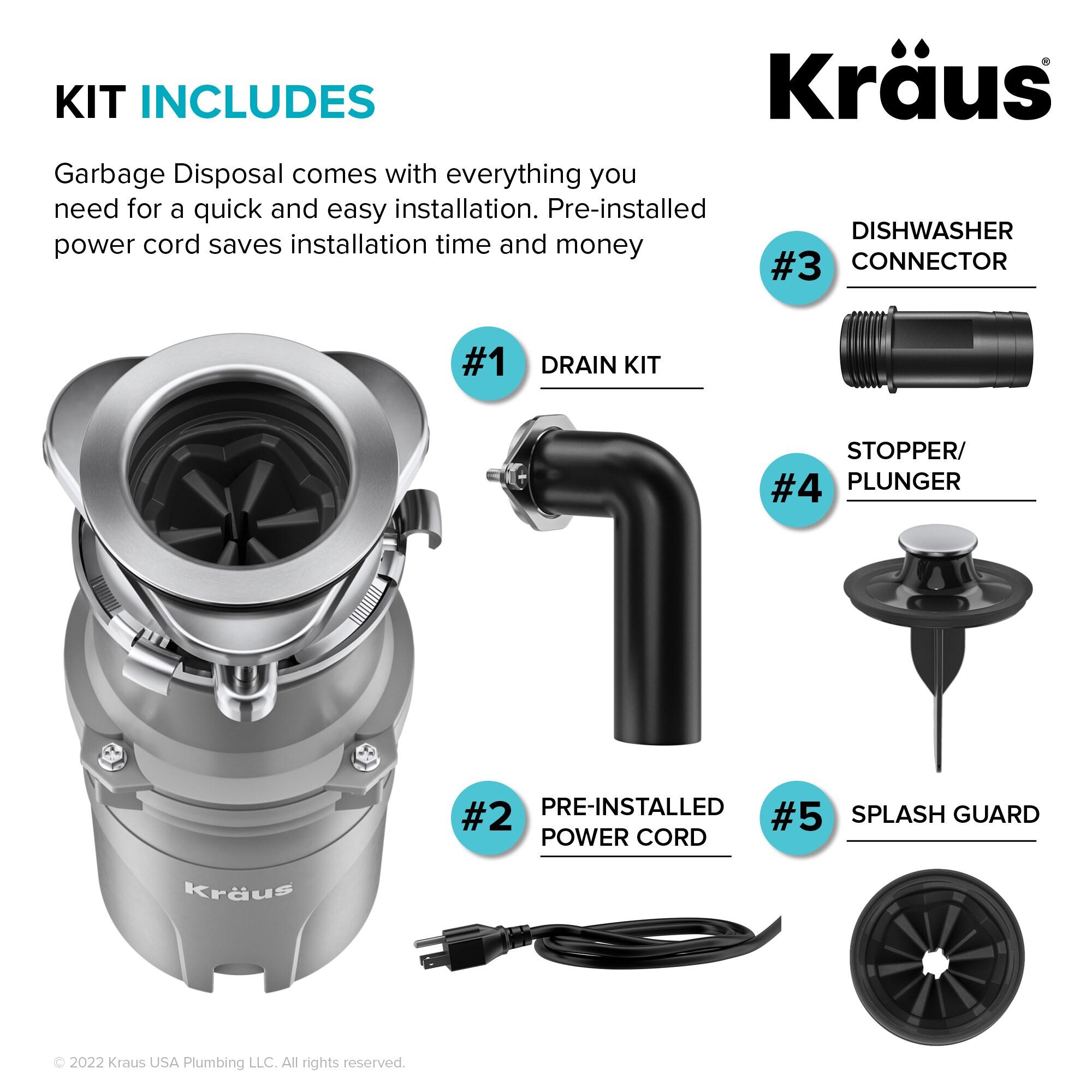 KRAUS WasteGuard Continuous Feed Motor Garbage Disposal with Power Cord and Universal Mount