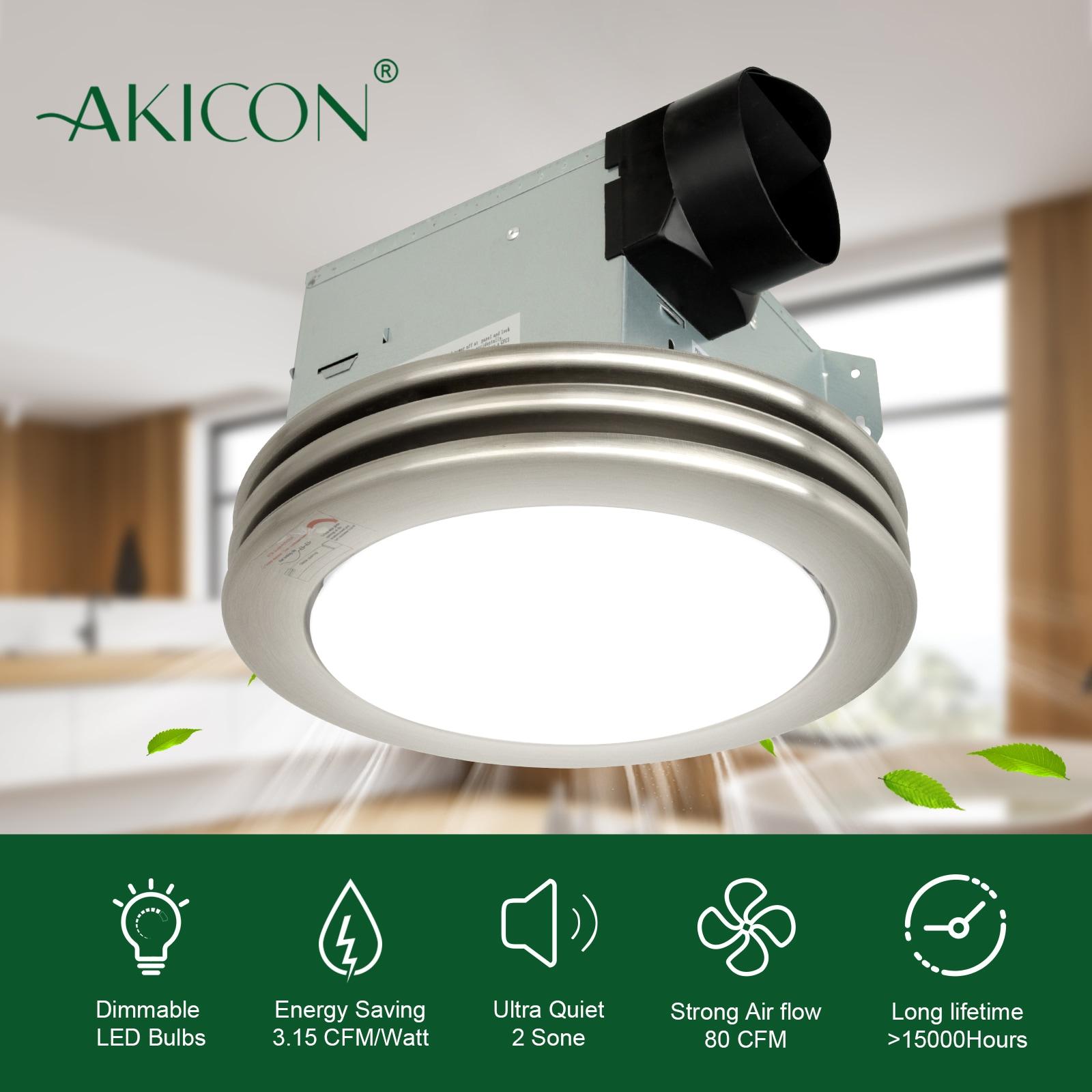 Akicon  Ultra Quiet Bathroom Exhaust Fan with LED Light 80CFM 2.0 Sones Round Bathroom Ventilation Fan with Frosted Glass Cover Brushed Nickel