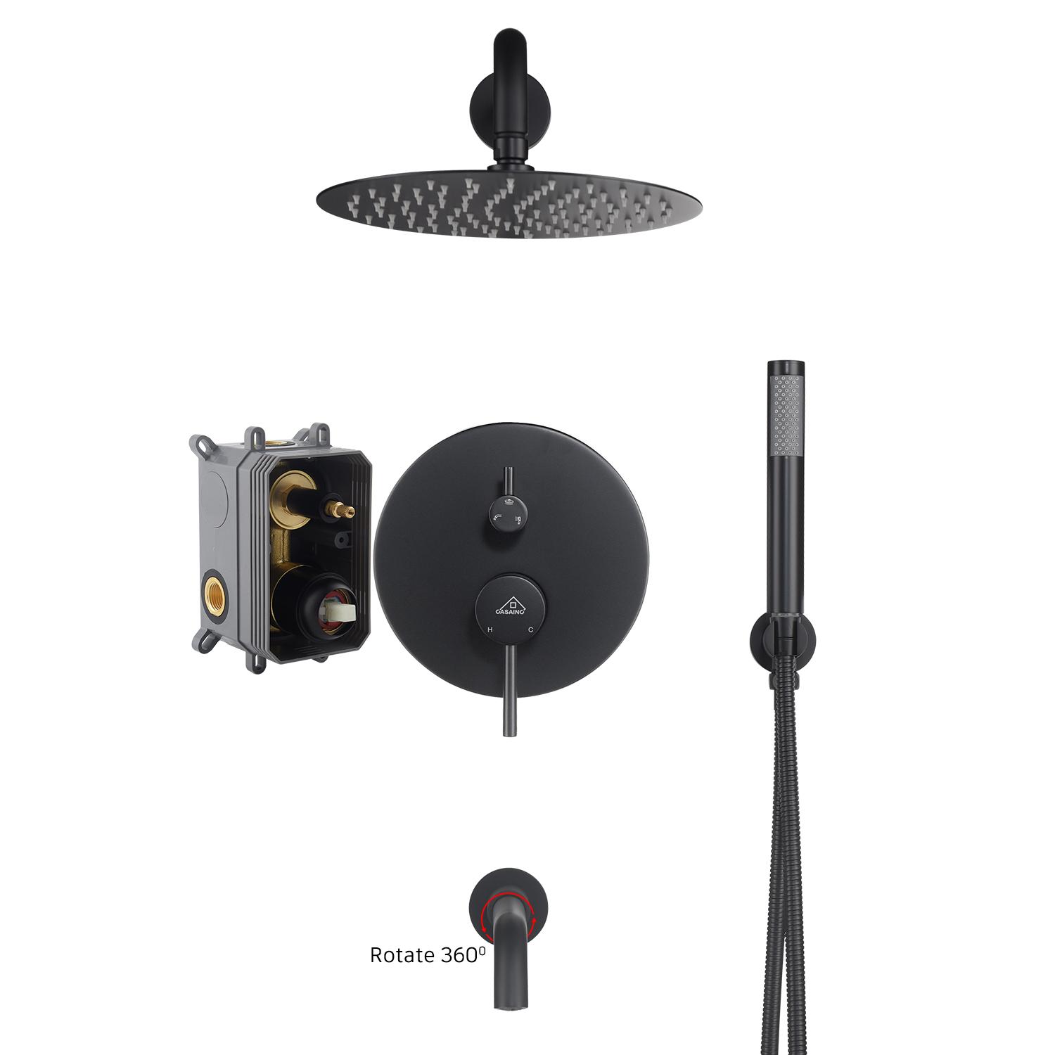 clihome Luxury Wall-Mounted 3-Function Shower System Solid Brass Mixer Valve, 1.8 GPM Flow & Dual Showerheads with Rough-in Valve DM6612BI