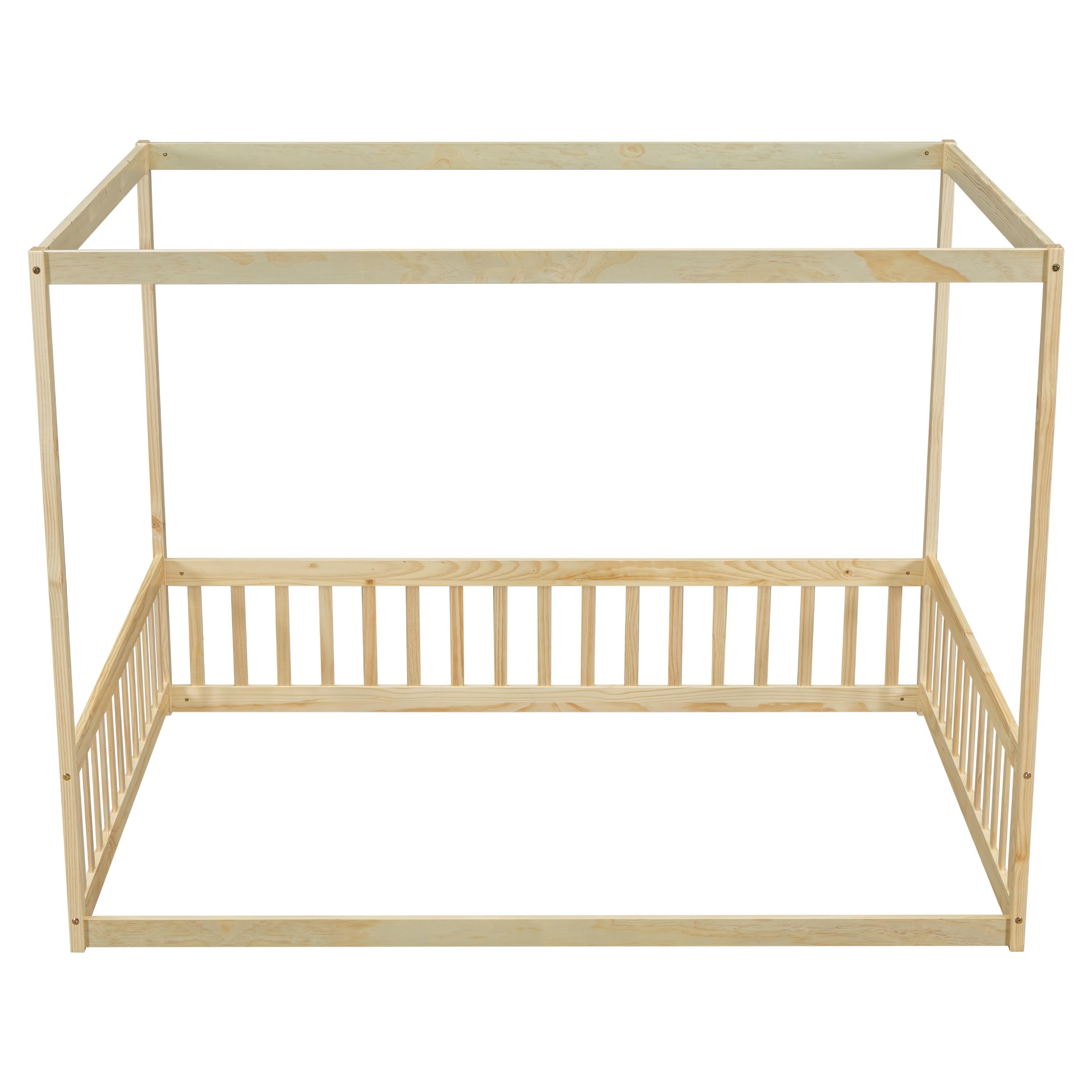 Canopy Frame Twin Size Floor Bed for Kids Bedroom,Wood Bed Frame with Fence for Boys/Girls/Teens,No Box Spring Needed,Natural