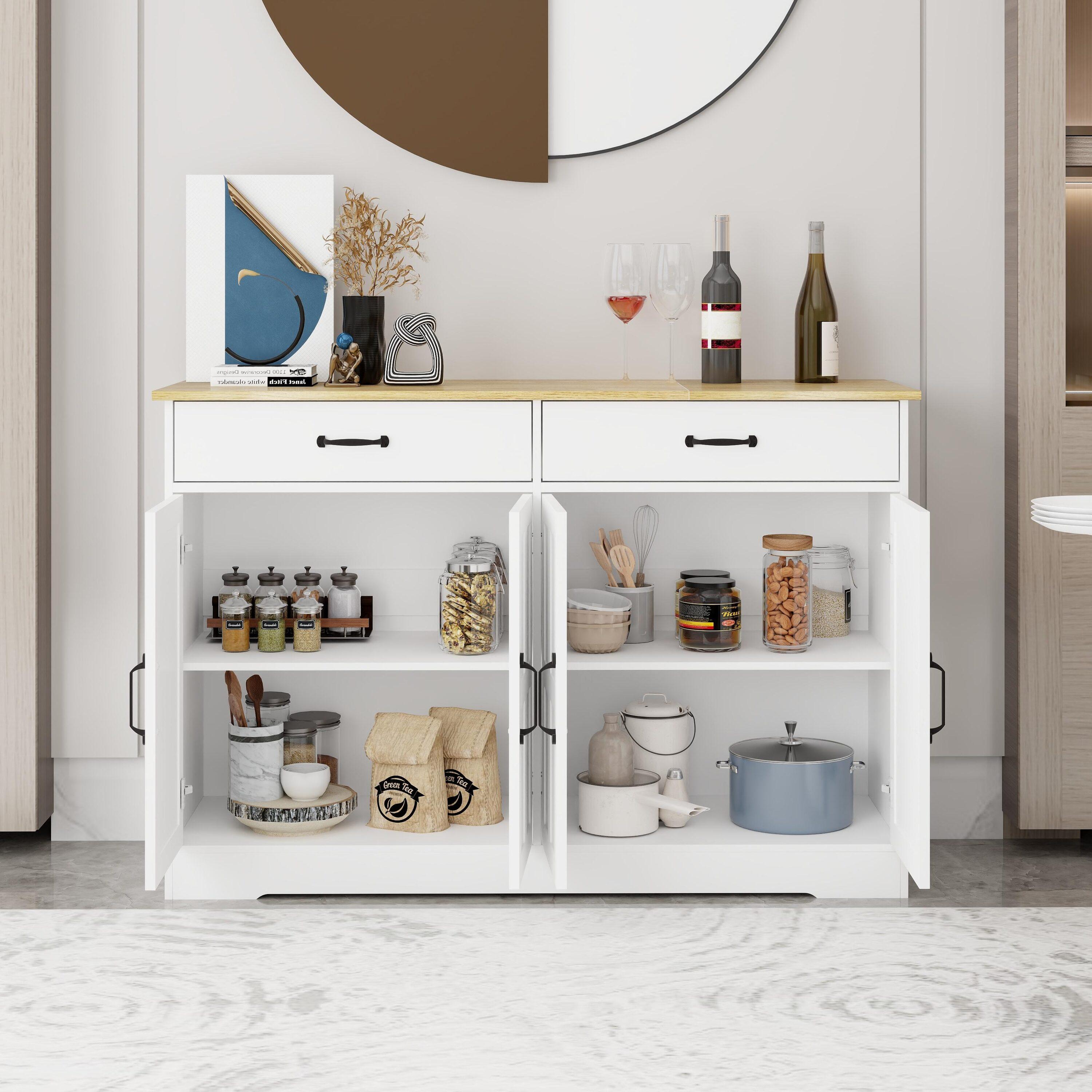 White Farmhouse Wood Buffet Cabinet with Black Metal Handles