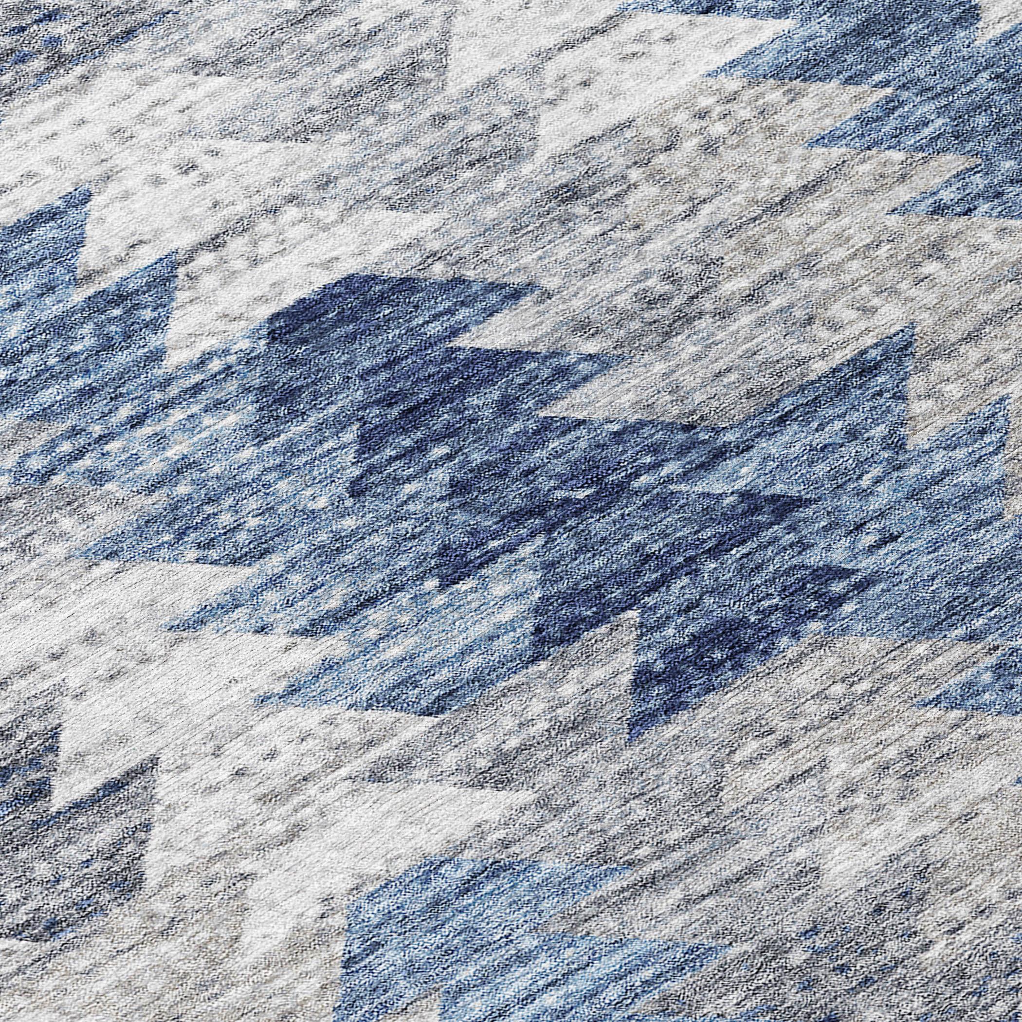 Blue and Gray Geometric Pattern Washable Rug